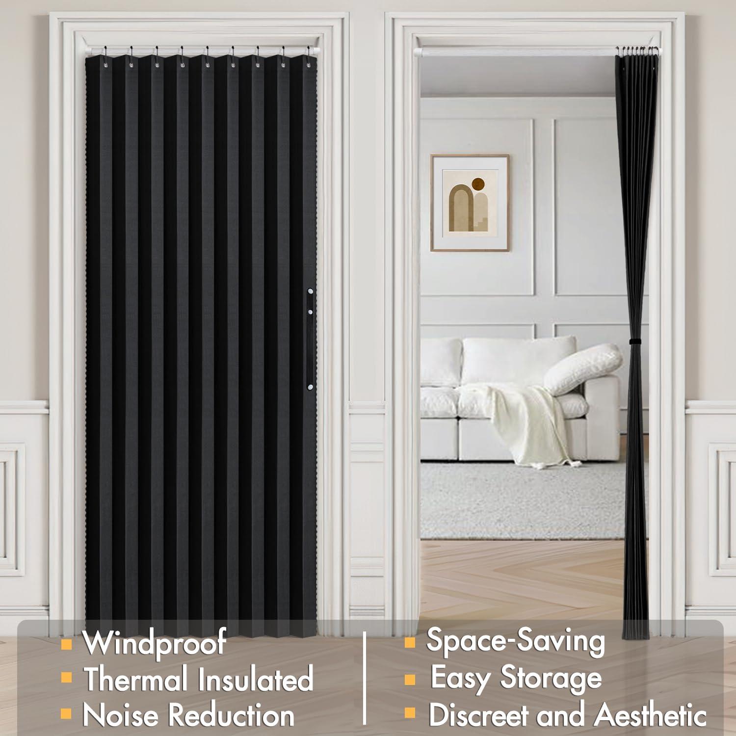 imageMIULEE Accordion Style Magnetic Folding Door Curtains for DoorwaysCloset Room Divider Pleated Drapes with Hooks for Interior Living RoomBedroomOpen Closet White W42 x L78 inches 1 PanelBlack