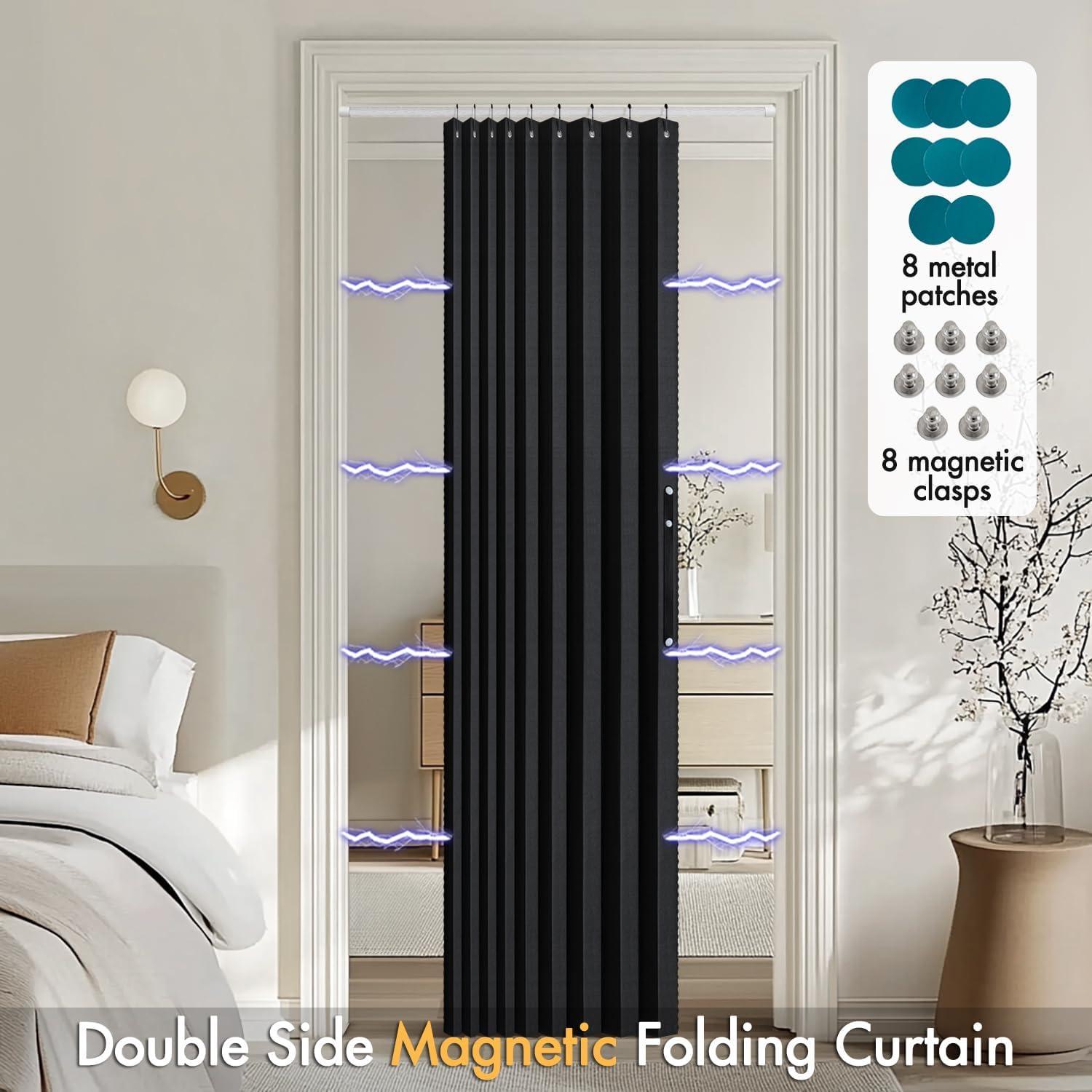 imageMIULEE Accordion Style Magnetic Folding Door Curtains for DoorwaysCloset Room Divider Pleated Drapes with Hooks for Interior Living RoomBedroomOpen Closet White W42 x L78 inches 1 PanelBlack