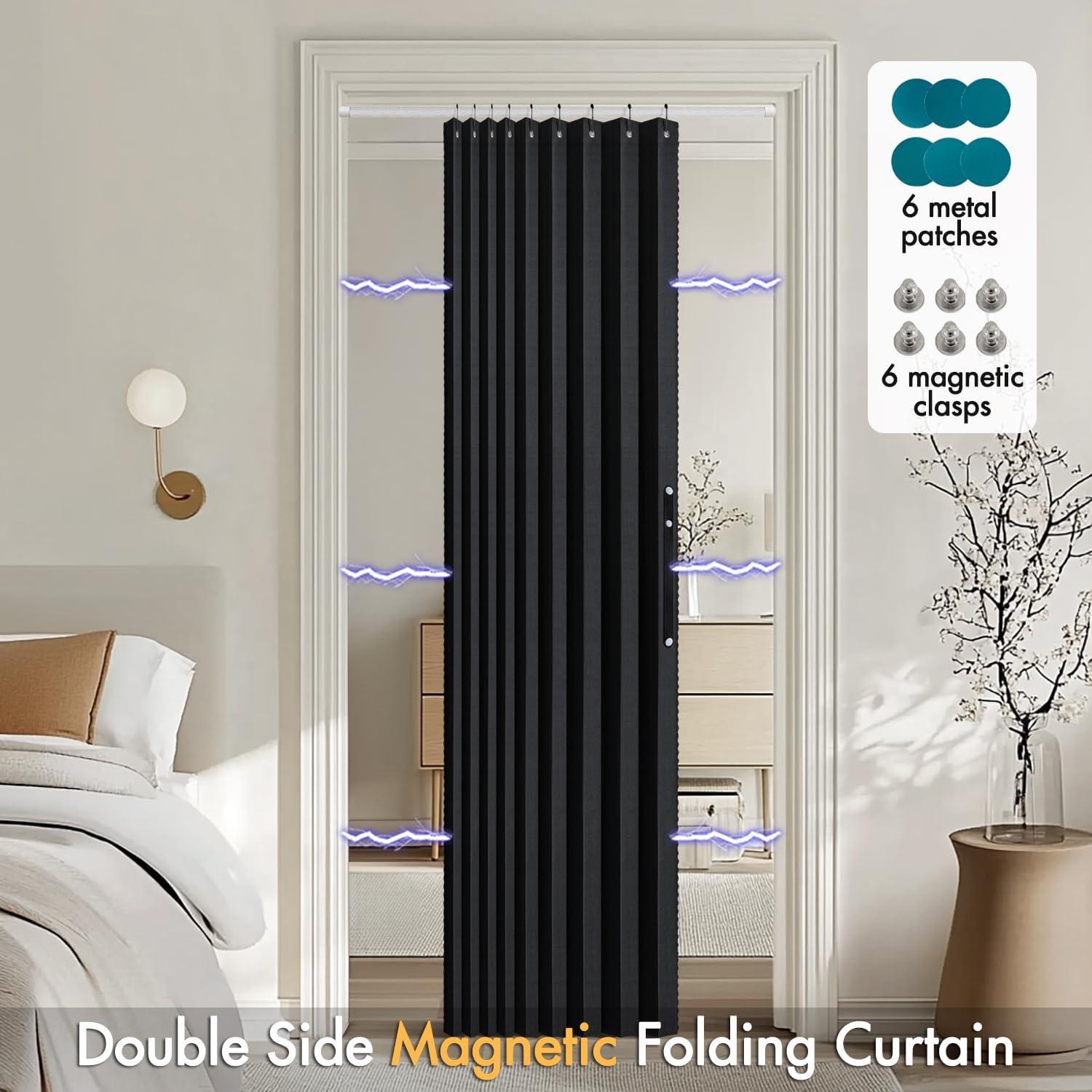 imageMIULEE Accordion Style Magnetic Folding Door Curtains for DoorwaysCloset Room Divider Pleated Drapes with Hooks for Interior Living RoomBedroomOpen Closet White W42 x L78 inches 1 PanelBlack