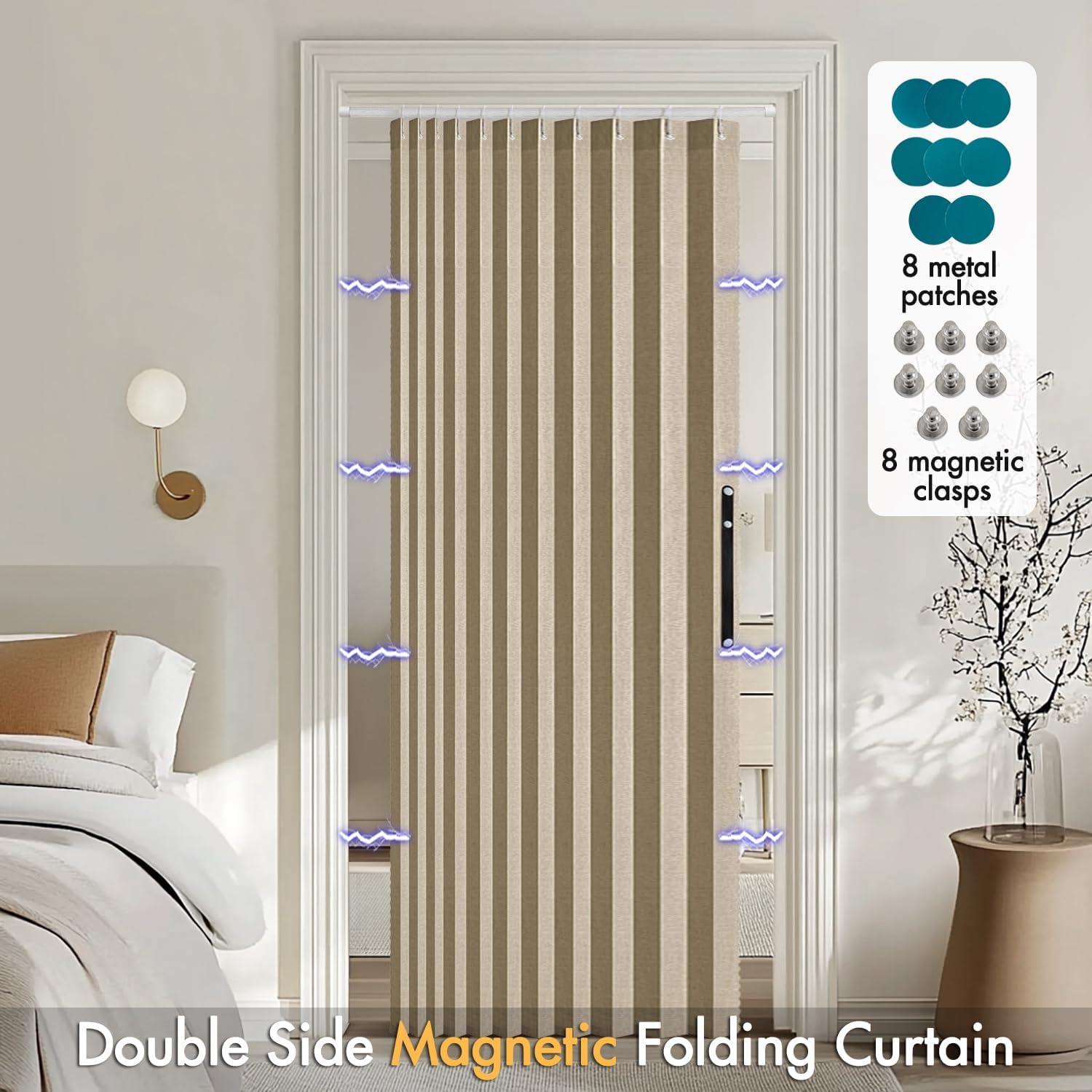 imageMIULEE Accordion Style Magnetic Folding Door Curtains for DoorwaysCloset Room Divider Pleated Drapes with Hooks for Interior Living RoomBedroomOpen Closet White W42 x L78 inches 1 PanelKhaki