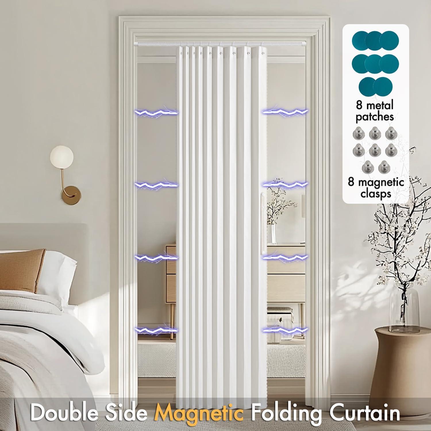 imageMIULEE Accordion Style Magnetic Folding Door Curtains for DoorwaysCloset Room Divider Pleated Drapes with Hooks for Interior Living RoomBedroomOpen Closet White W42 x L78 inches 1 PanelWhite