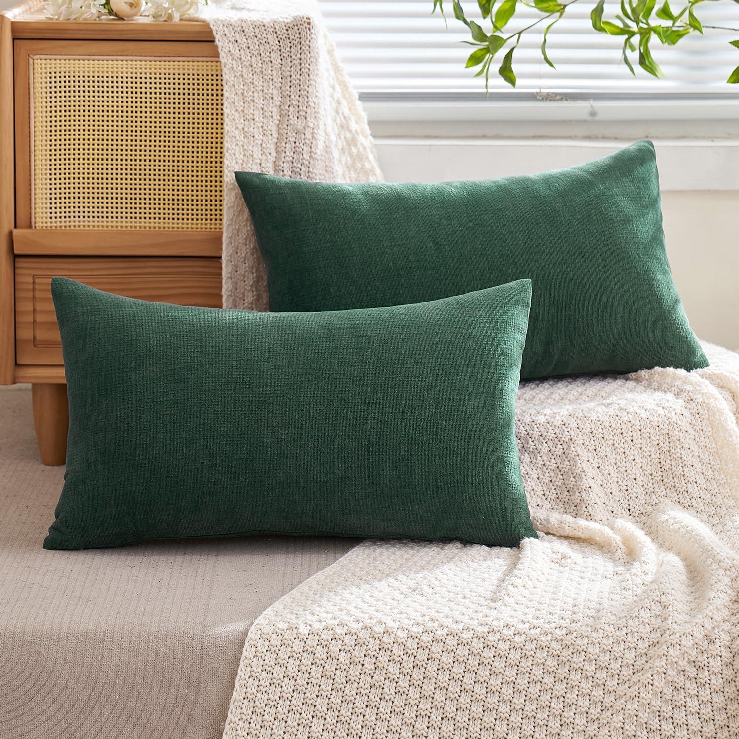imageMIULEE Beige Couch Pillow Covers 18x18 Inch Set of 2 Soft Chenille Decorative Square Throw Pillow Covers Farmhouse for Sofa Living Room BedDark Green