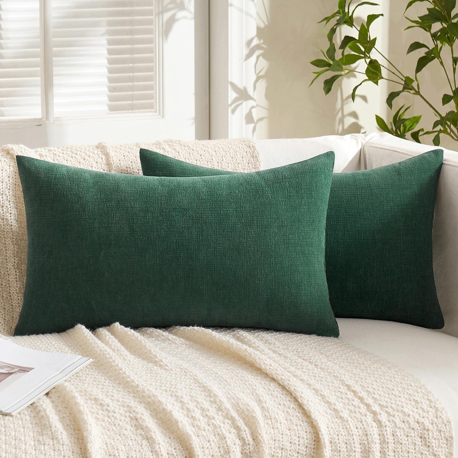 imageMIULEE Beige Couch Pillow Covers 18x18 Inch Set of 2 Soft Chenille Decorative Square Throw Pillow Covers Farmhouse for Sofa Living Room BedDark Green