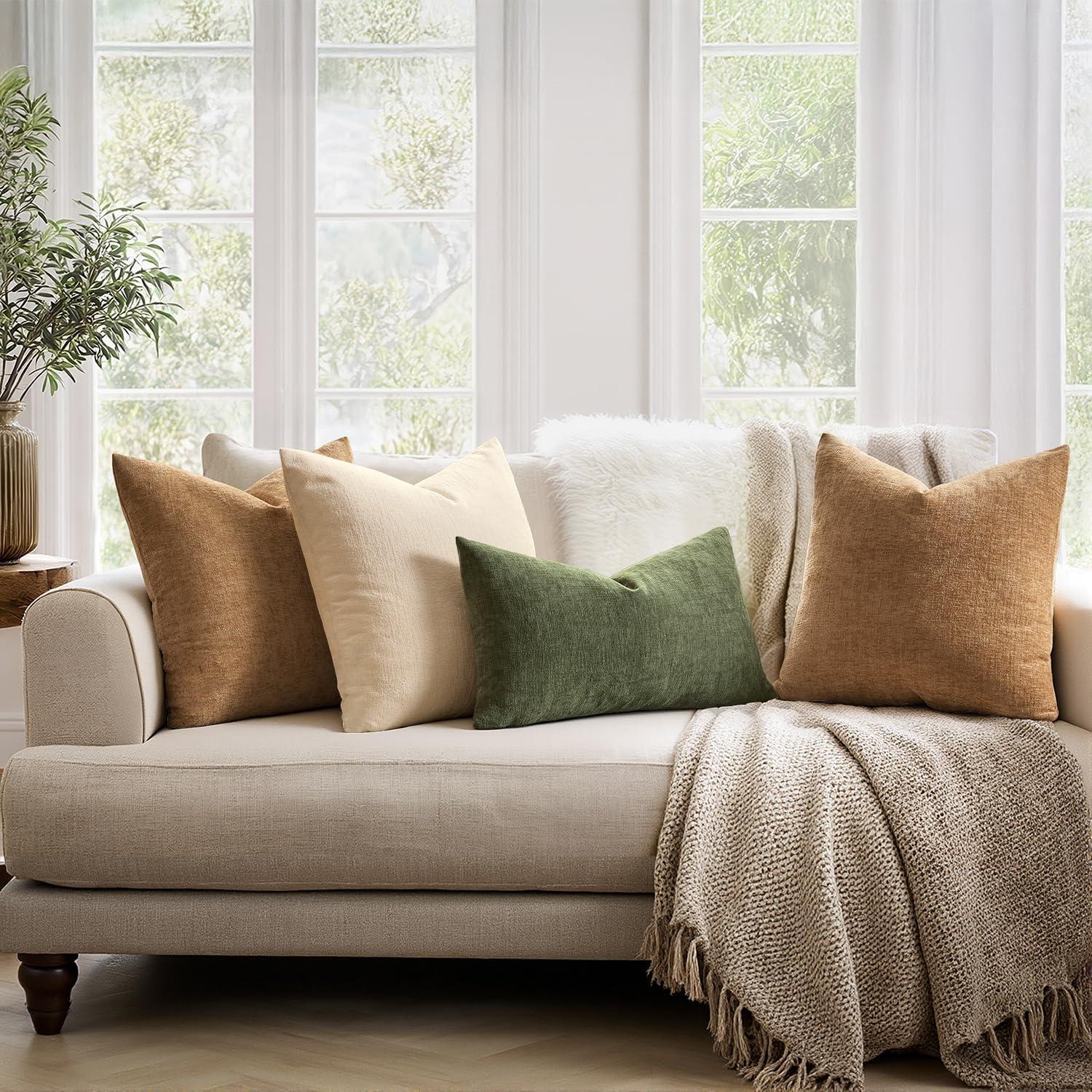 imageMIULEE Beige Couch Pillow Covers 18x18 Inch Set of 2 Soft Chenille Decorative Square Throw Pillow Covers Farmhouse for Sofa Living Room BedOlive Green