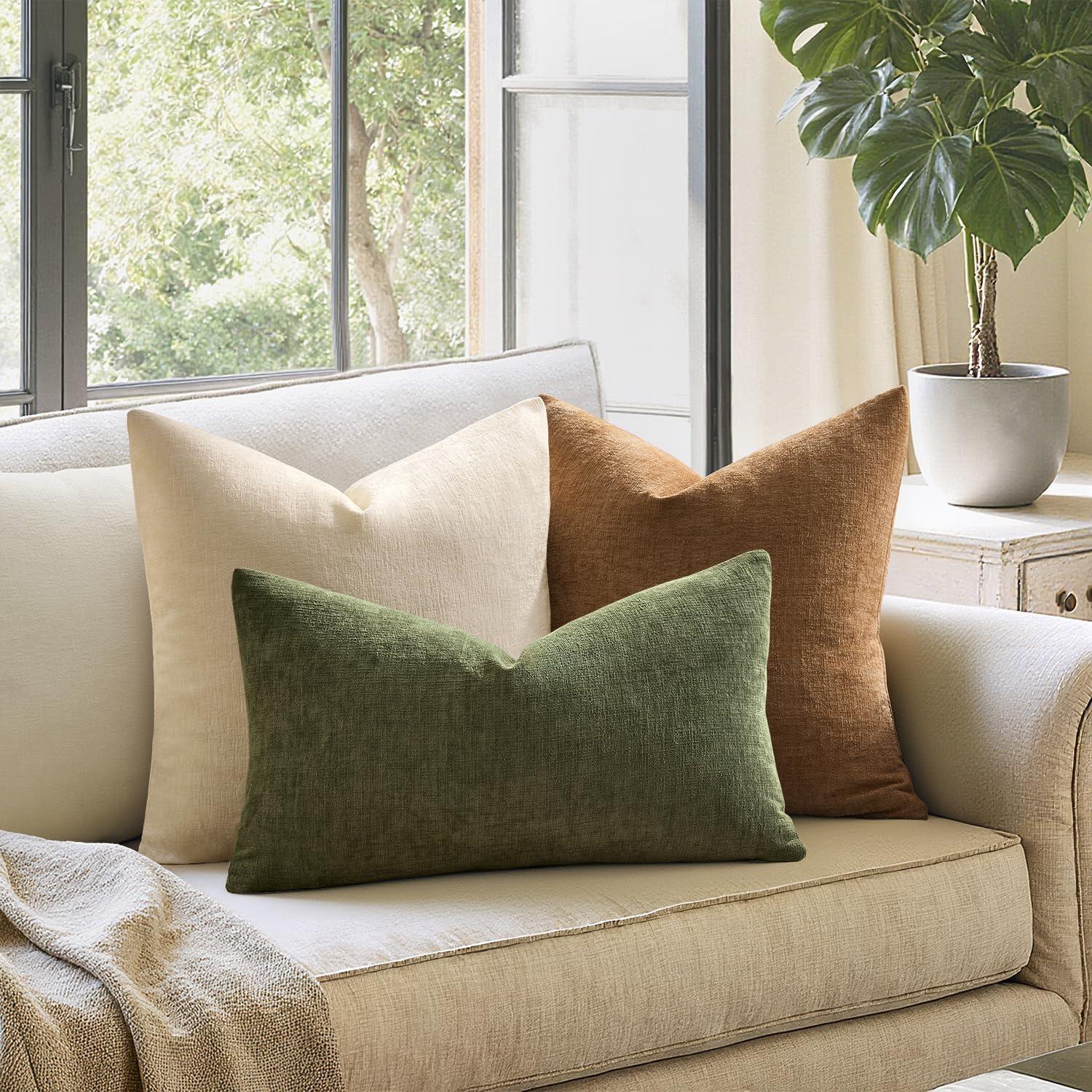 imageMIULEE Beige Couch Pillow Covers 18x18 Inch Set of 2 Soft Chenille Decorative Square Throw Pillow Covers Farmhouse for Sofa Living Room BedOlive Green