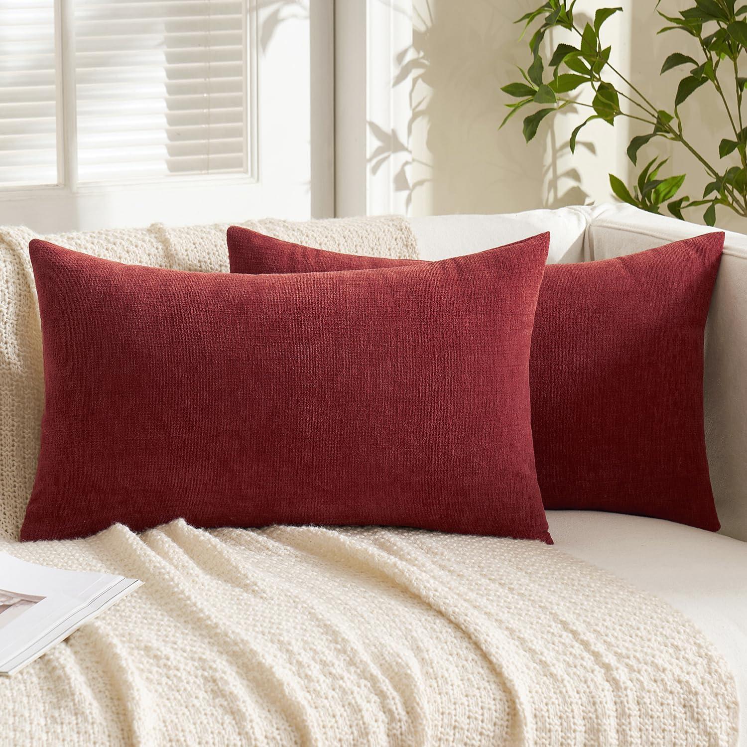 imageMIULEE Beige Couch Pillow Covers 18x18 Inch Set of 2 Soft Chenille Decorative Square Throw Pillow Covers Farmhouse for Sofa Living Room BedWine Red
