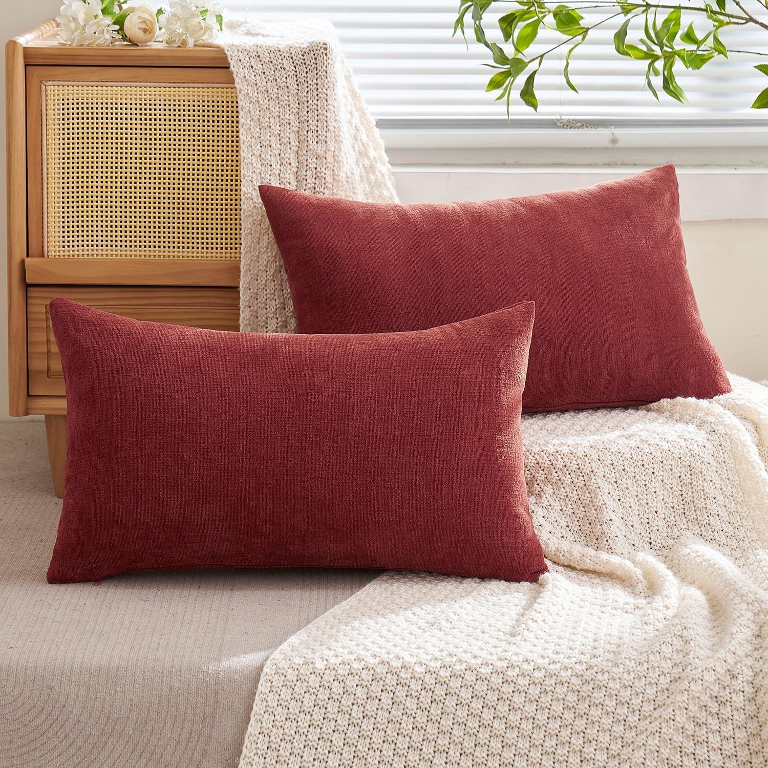 imageMIULEE Beige Couch Pillow Covers 18x18 Inch Set of 2 Soft Chenille Decorative Square Throw Pillow Covers Farmhouse for Sofa Living Room BedWine Red