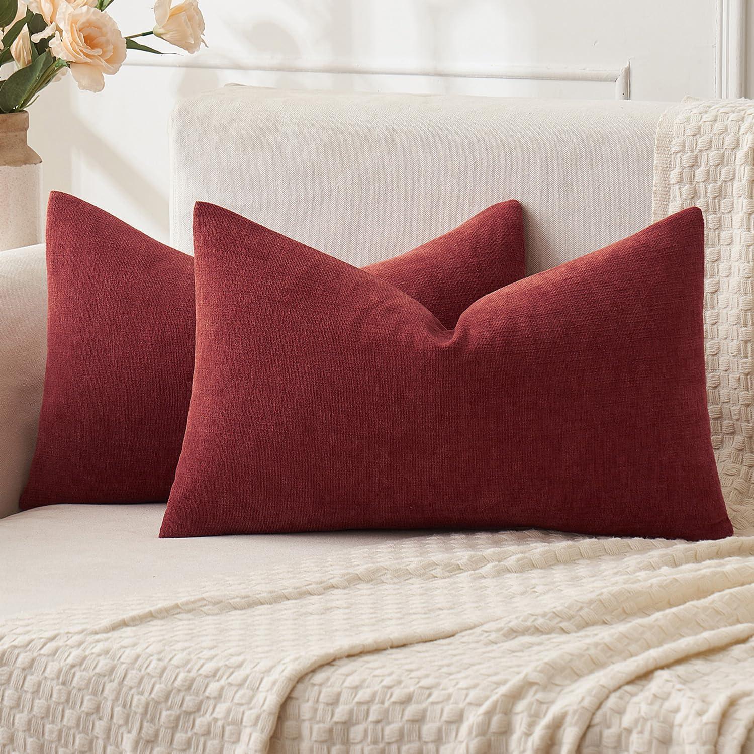 imageMIULEE Beige Couch Pillow Covers 18x18 Inch Set of 2 Soft Chenille Decorative Square Throw Pillow Covers Farmhouse for Sofa Living Room BedWine Red