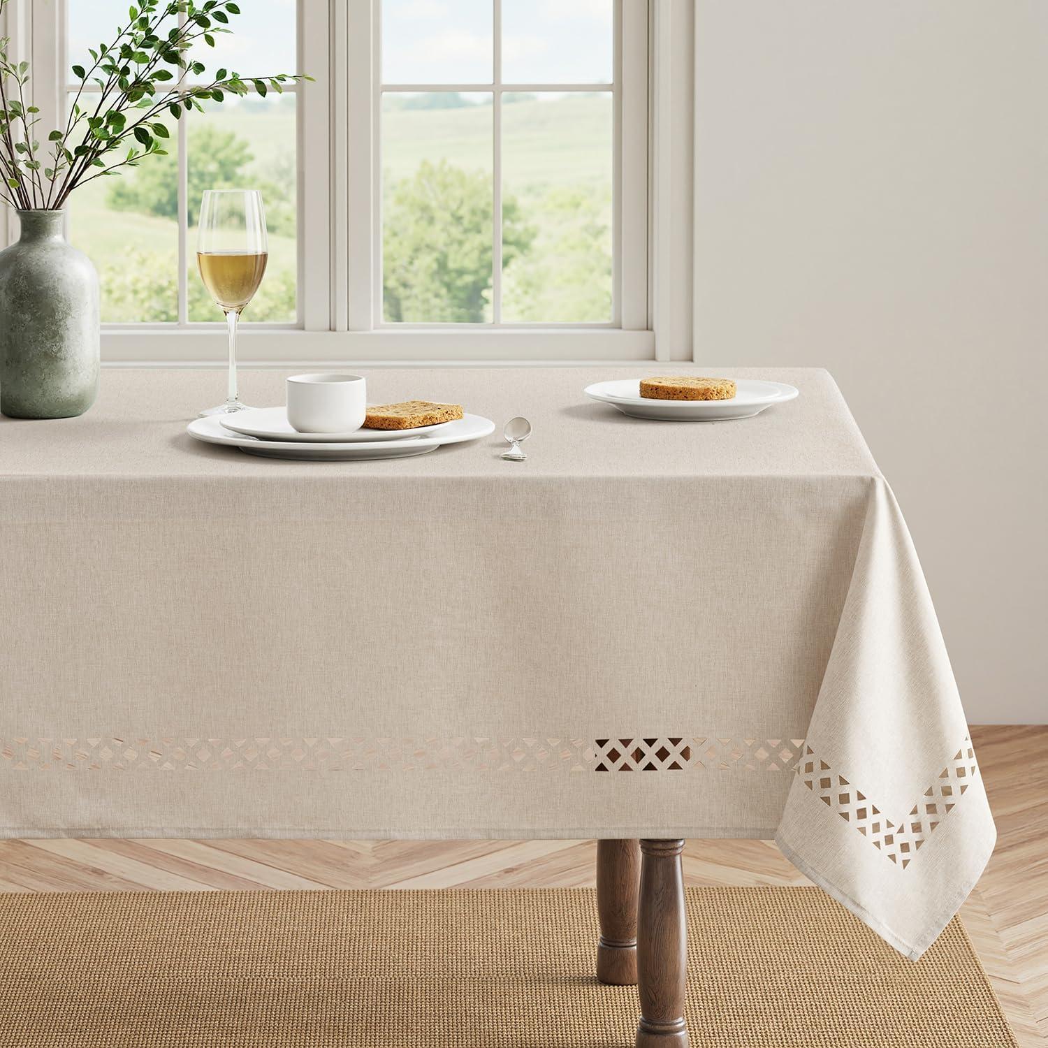 imageMIULEE Beige Rectangle Linen Polyester Tablecloth with Decorative Cutouts Waterproof Stain Resistant ampamp ShrinkProof Table Cloth 60x84 inch Farmhouse Style for Dining Wedding Party and Outdoor PicnicsBeige