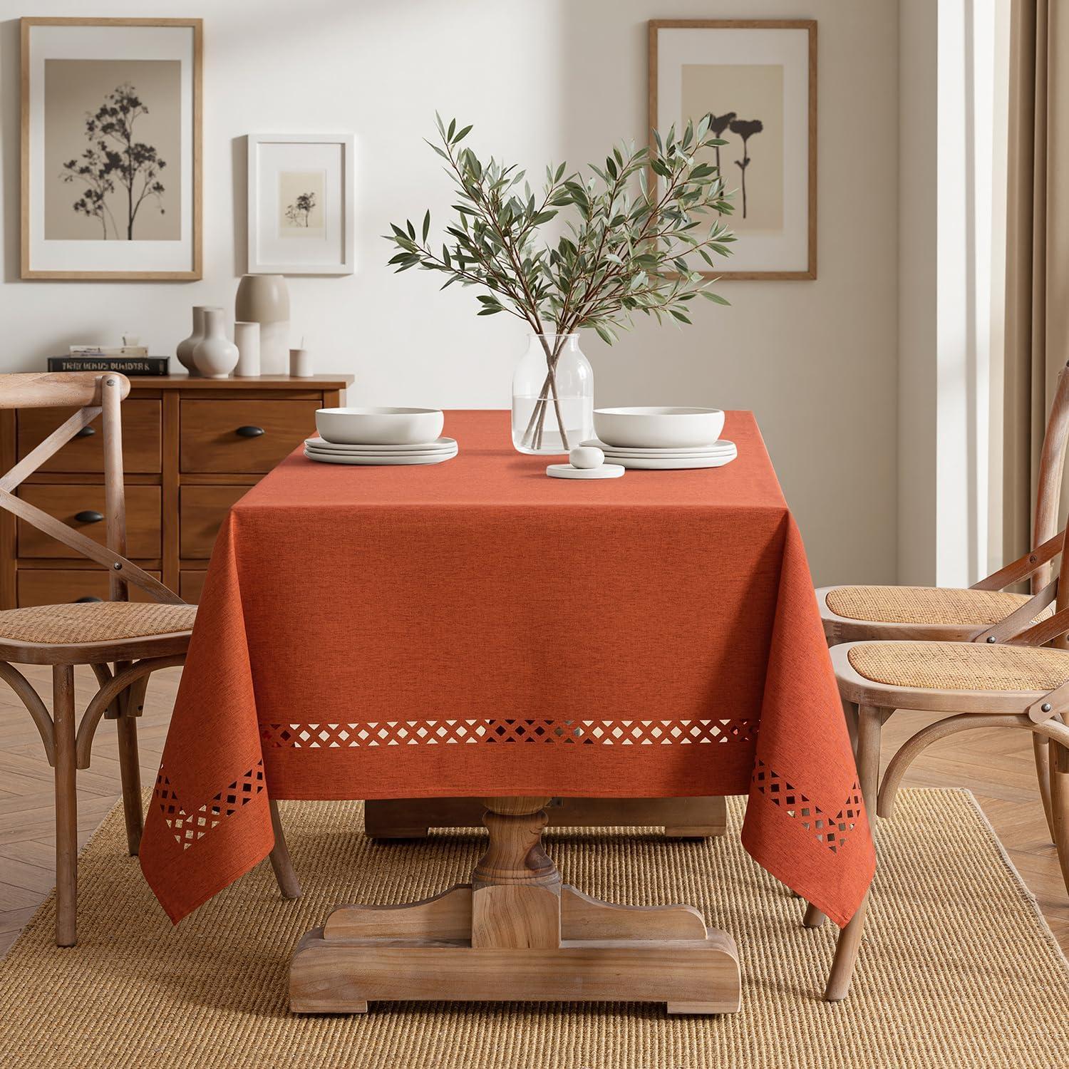 imageMIULEE Beige Rectangle Linen Polyester Tablecloth with Decorative Cutouts Waterproof Stain Resistant ampamp ShrinkProof Table Cloth 60x84 inch Farmhouse Style for Dining Wedding Party and Outdoor PicnicsBurnt Orange