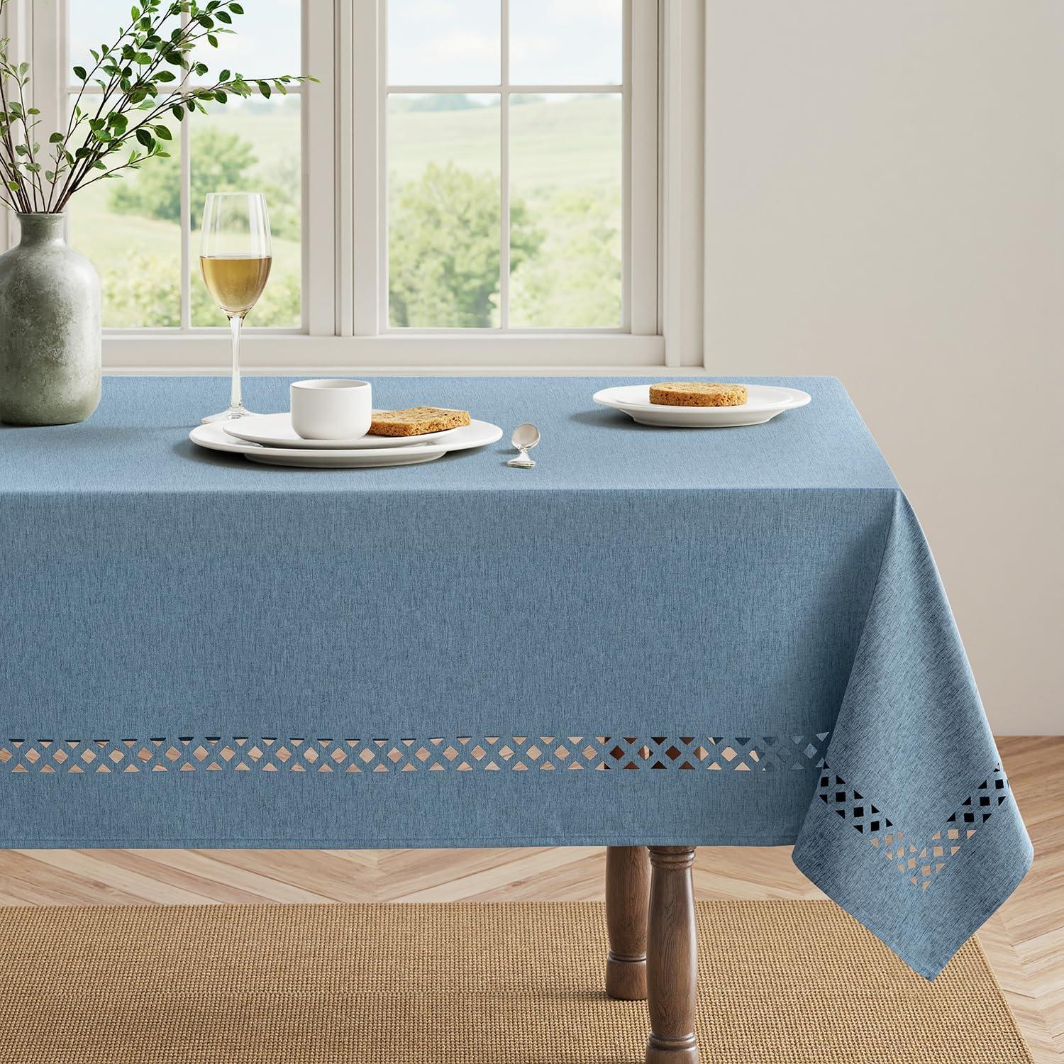 imageMIULEE Beige Rectangle Linen Polyester Tablecloth with Decorative Cutouts Waterproof Stain Resistant ampamp ShrinkProof Table Cloth 60x84 inch Farmhouse Style for Dining Wedding Party and Outdoor PicnicsDusty Blue