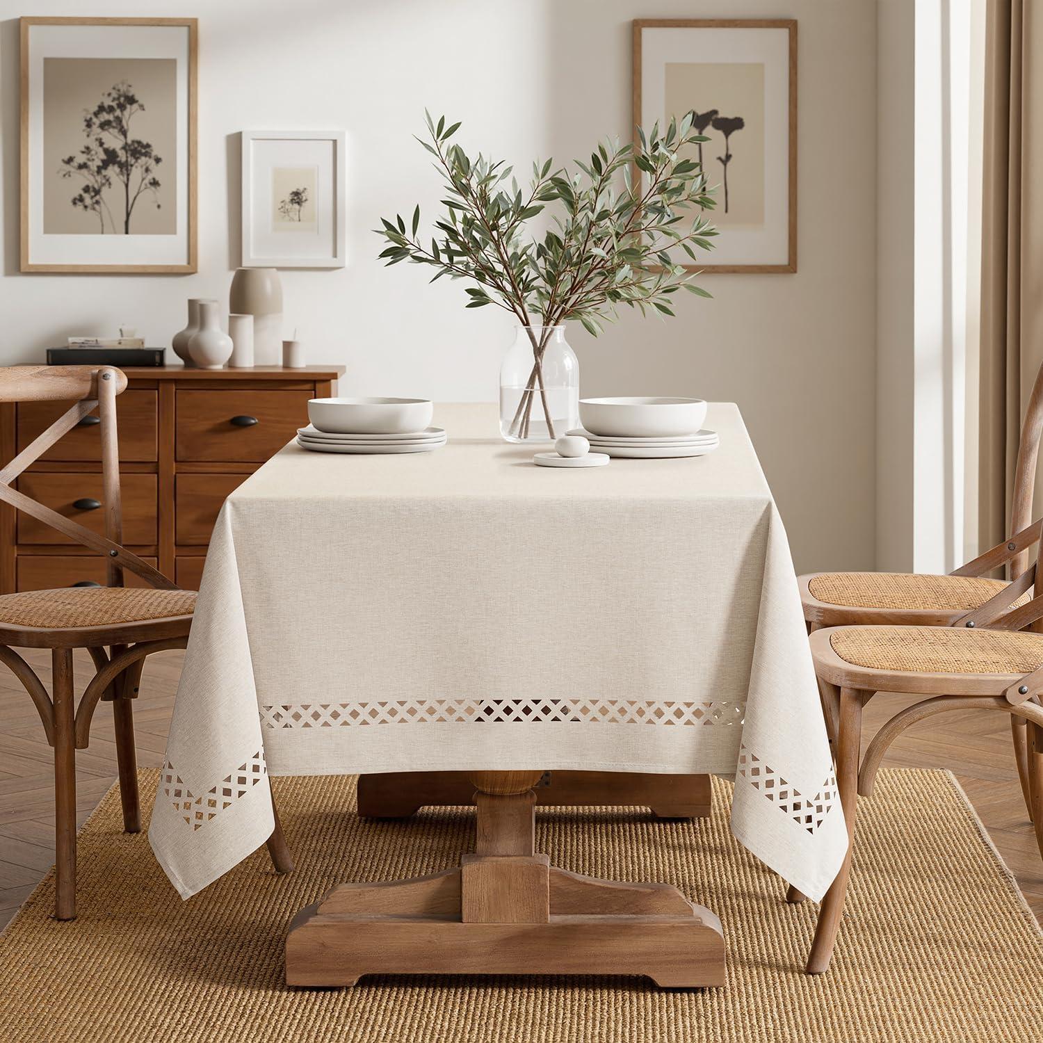 imageMIULEE Beige Rectangle Linen Polyester Tablecloth with Decorative Cutouts Waterproof Stain Resistant ampamp ShrinkProof Table Cloth 60x84 inch Farmhouse Style for Dining Wedding Party and Outdoor PicnicsBeige