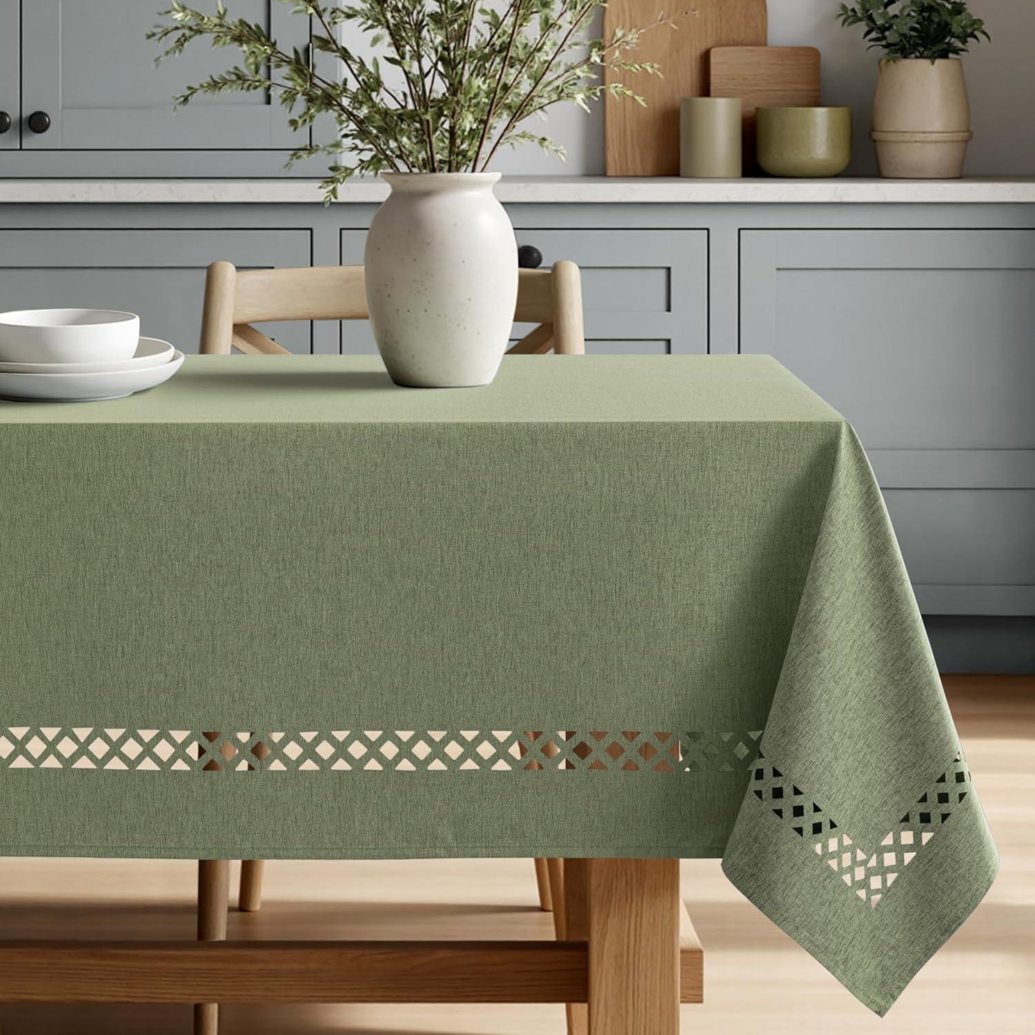 imageMIULEE Beige Rectangle Linen Polyester Tablecloth with Decorative Cutouts Waterproof Stain Resistant ampamp ShrinkProof Table Cloth 60x84 inch Farmhouse Style for Dining Wedding Party and Outdoor PicnicsSage Green