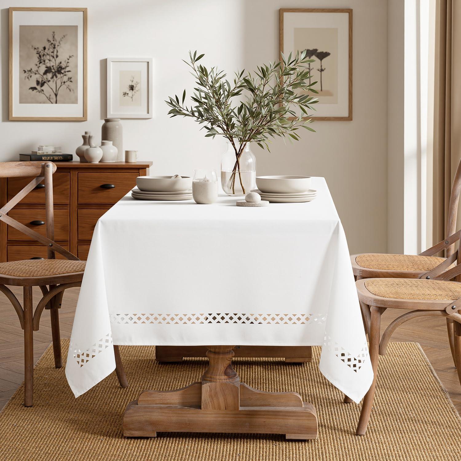 imageMIULEE Beige Rectangle Linen Polyester Tablecloth with Decorative Cutouts Waterproof Stain Resistant ampamp ShrinkProof Table Cloth 60x84 inch Farmhouse Style for Dining Wedding Party and Outdoor PicnicsWhite