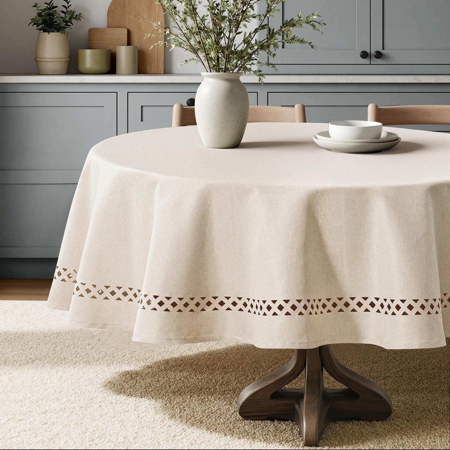 imageMIULEE Beige Rectangle Linen Polyester Tablecloth with Decorative Cutouts Waterproof Stain Resistant ampamp ShrinkProof Table Cloth 60x84 inch Farmhouse Style for Dining Wedding Party and Outdoor PicnicsBeige