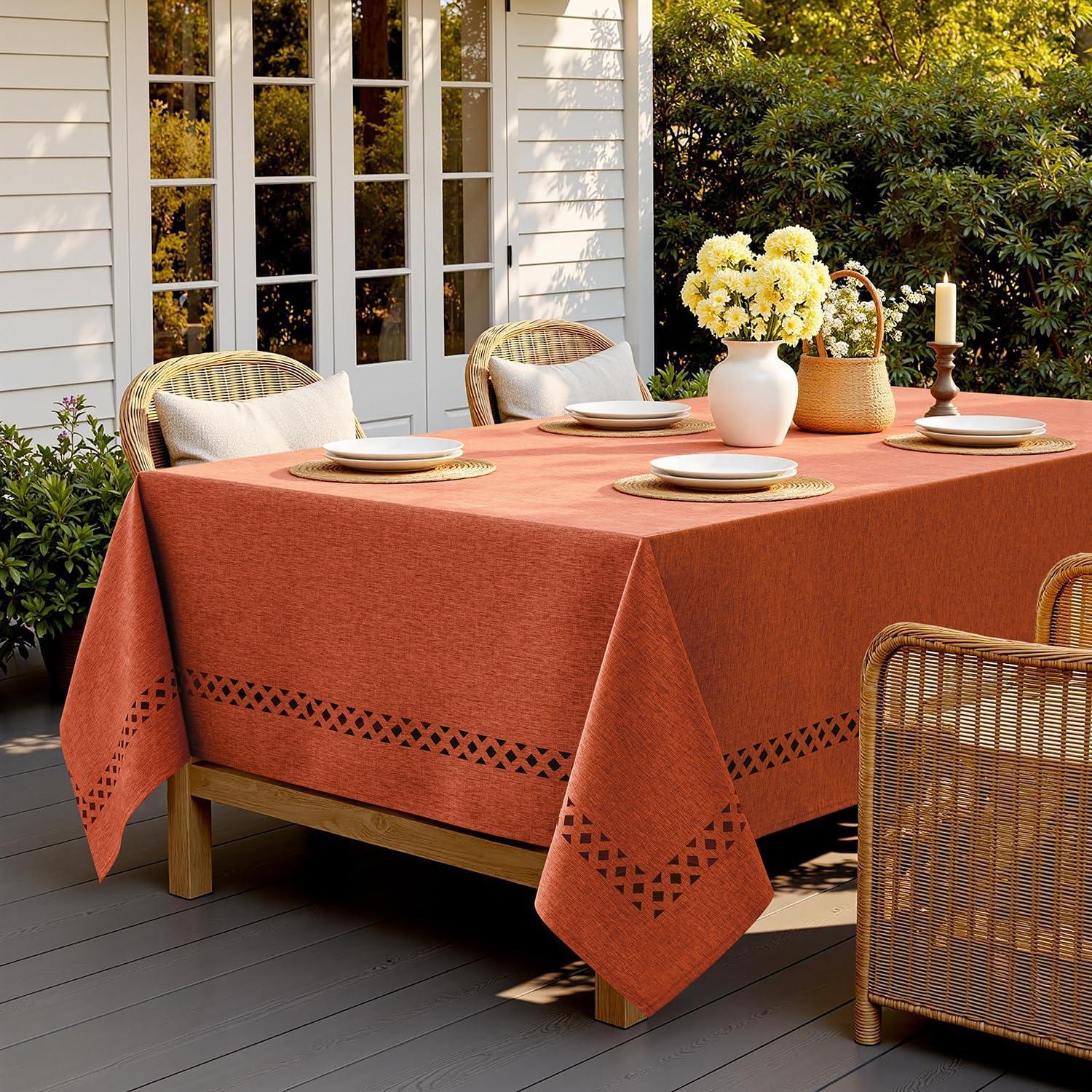 imageMIULEE Beige Rectangle Linen Polyester Tablecloth with Decorative Cutouts Waterproof Stain Resistant ampamp ShrinkProof Table Cloth 60x84 inch Farmhouse Style for Dining Wedding Party and Outdoor PicnicsBurnt Orange