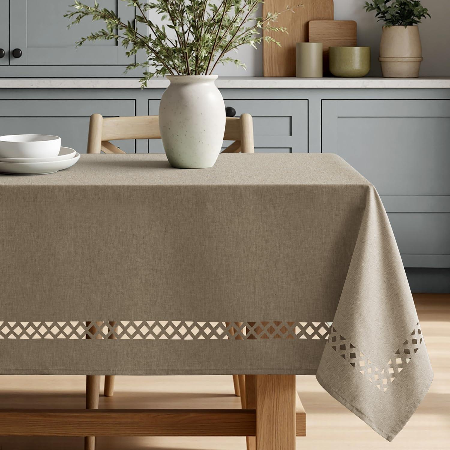 imageMIULEE Beige Rectangle Linen Polyester Tablecloth with Decorative Cutouts Waterproof Stain Resistant ampamp ShrinkProof Table Cloth 60x84 inch Farmhouse Style for Dining Wedding Party and Outdoor PicnicsKhaki