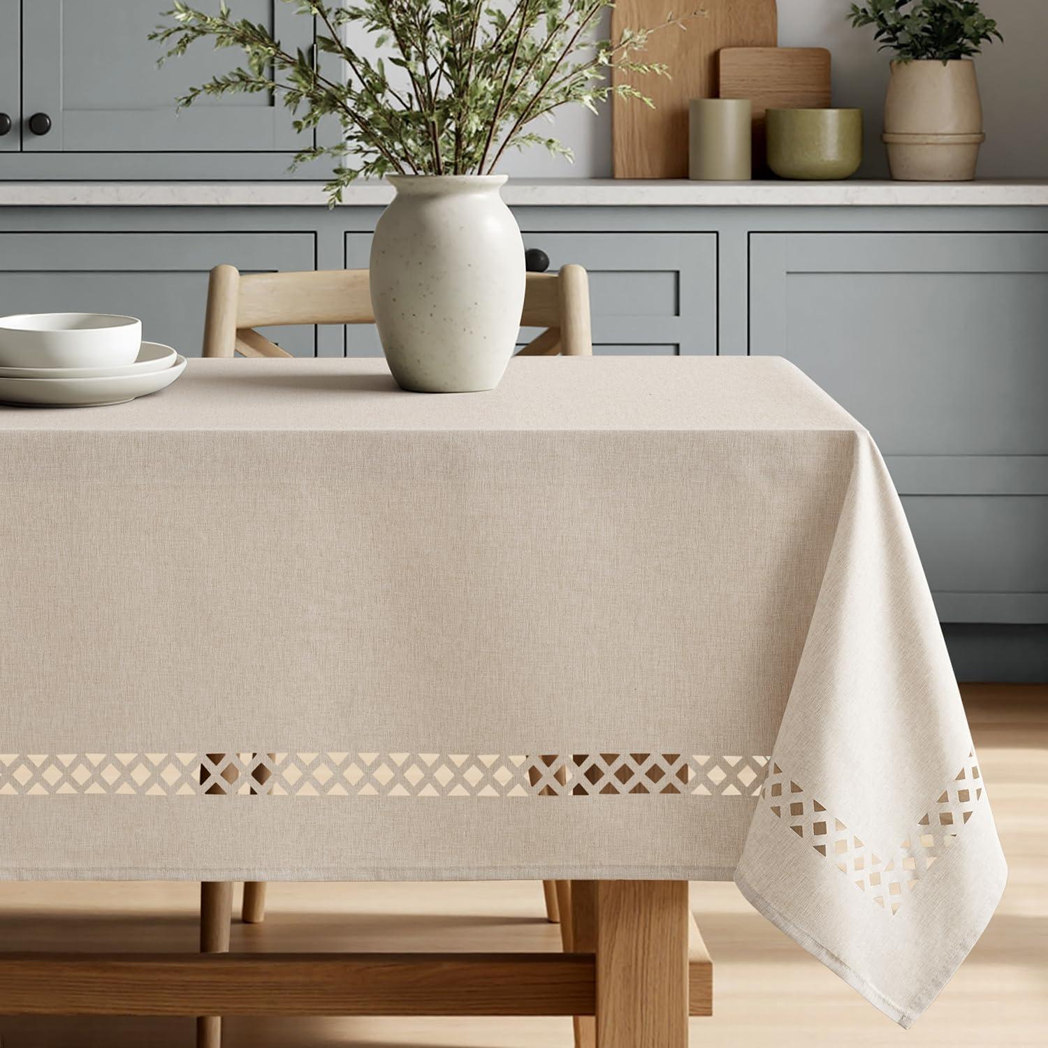imageMIULEE Beige Rectangle Linen Polyester Tablecloth with Decorative Cutouts Waterproof Stain Resistant ampamp ShrinkProof Table Cloth 60x84 inch Farmhouse Style for Dining Wedding Party and Outdoor PicnicsBeige