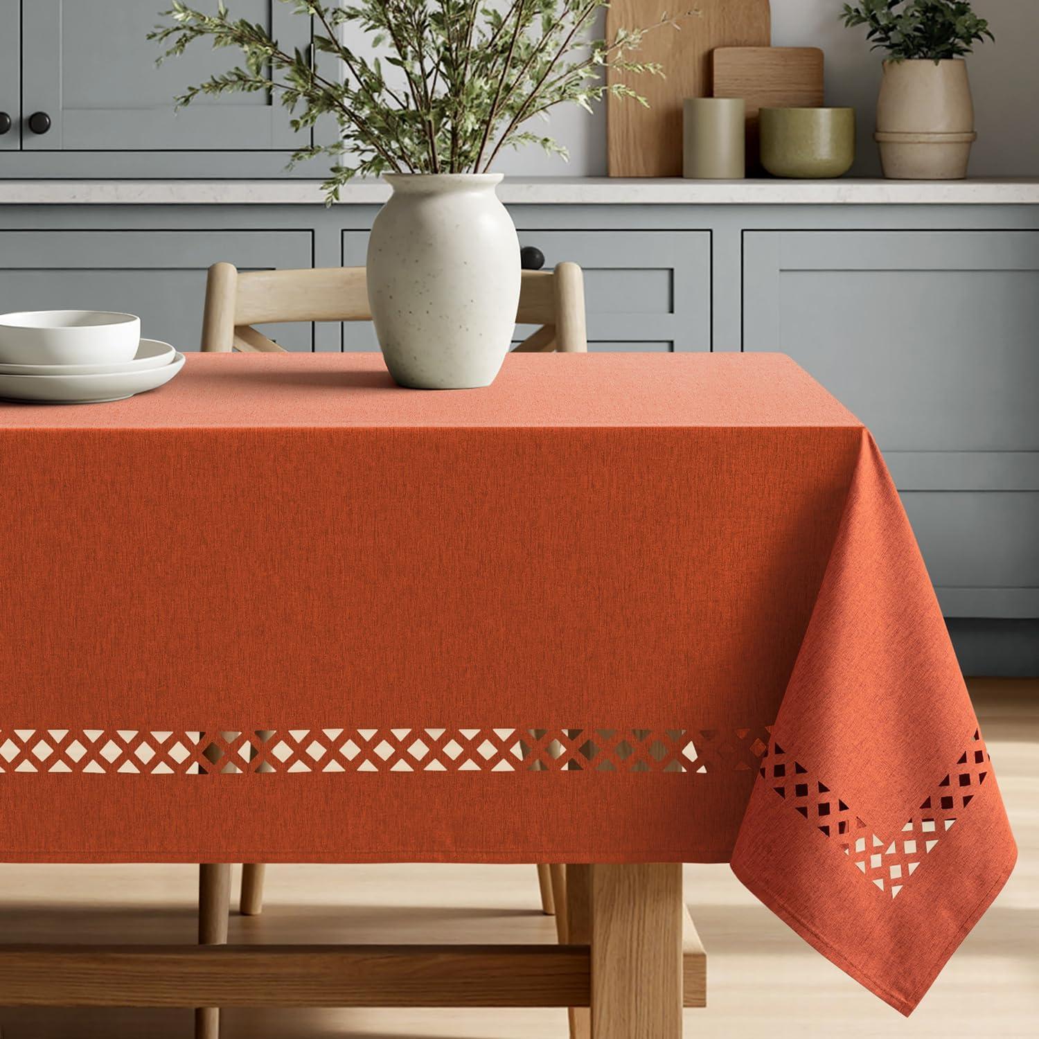 imageMIULEE Beige Rectangle Linen Polyester Tablecloth with Decorative Cutouts Waterproof Stain Resistant ampamp ShrinkProof Table Cloth 60x84 inch Farmhouse Style for Dining Wedding Party and Outdoor PicnicsBurnt Orange