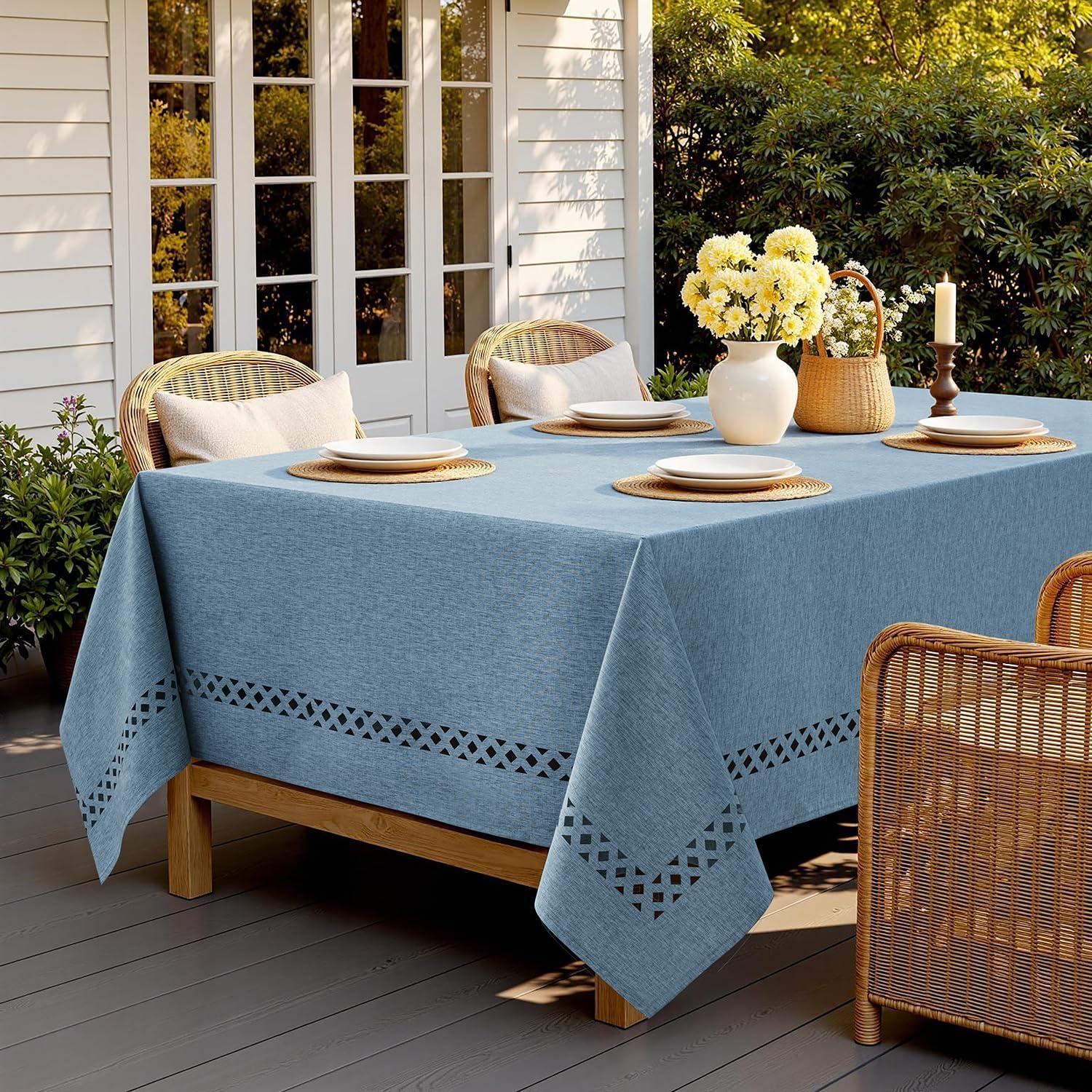 imageMIULEE Beige Rectangle Linen Polyester Tablecloth with Decorative Cutouts Waterproof Stain Resistant ampamp ShrinkProof Table Cloth 60x84 inch Farmhouse Style for Dining Wedding Party and Outdoor PicnicsDusty Blue