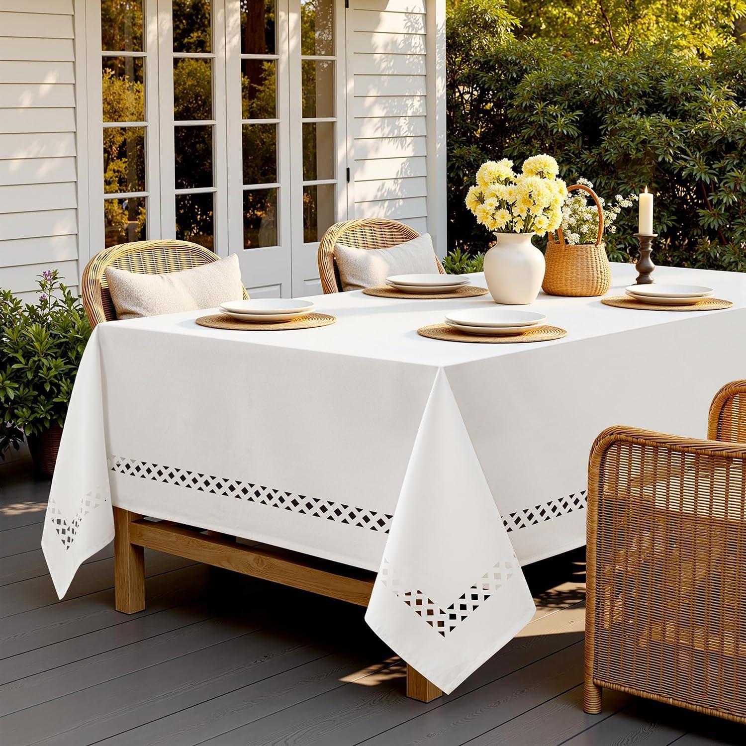 imageMIULEE Beige Rectangle Linen Polyester Tablecloth with Decorative Cutouts Waterproof Stain Resistant ampamp ShrinkProof Table Cloth 60x84 inch Farmhouse Style for Dining Wedding Party and Outdoor PicnicsWhite
