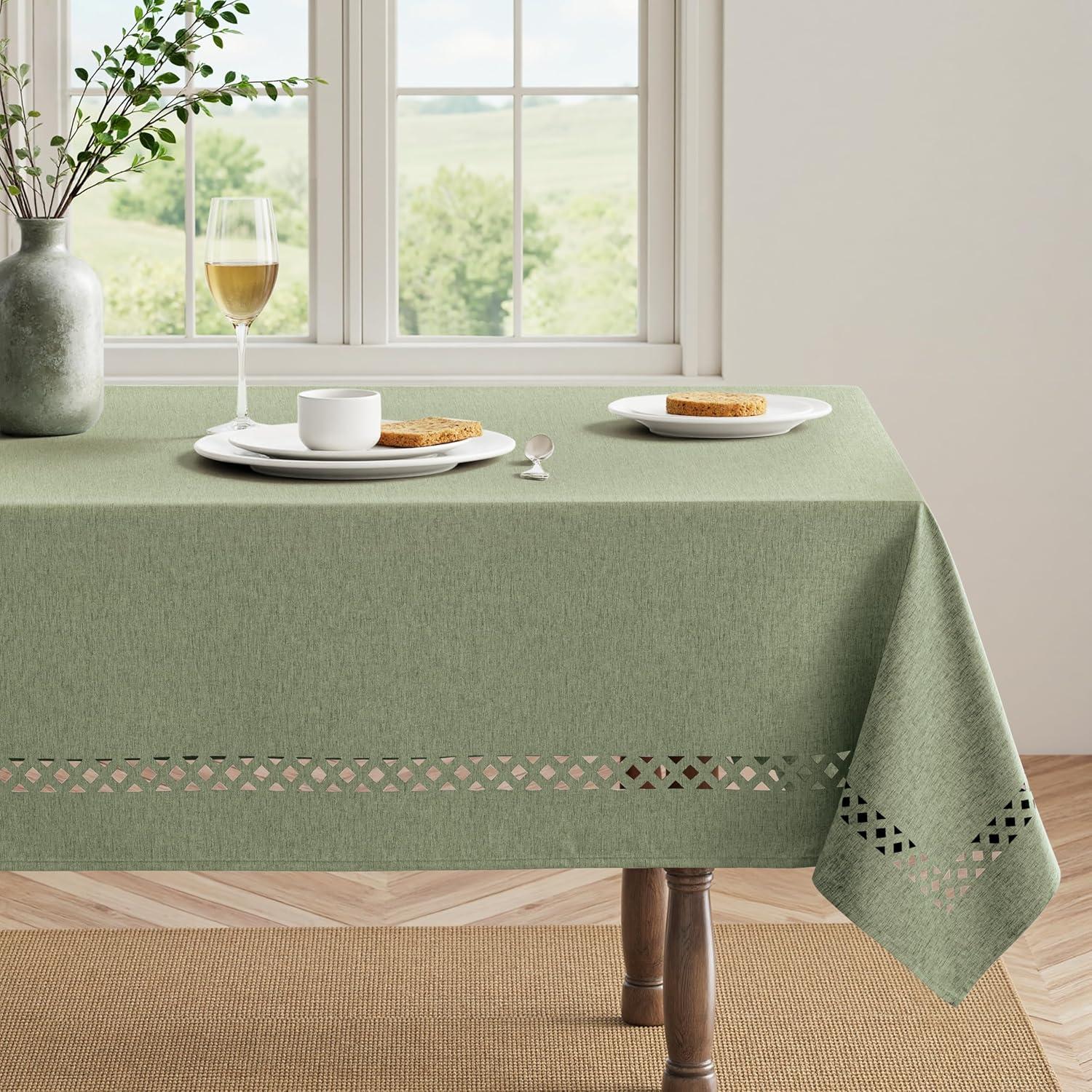 imageMIULEE Beige Rectangle Linen Polyester Tablecloth with Decorative Cutouts Waterproof Stain Resistant ampamp ShrinkProof Table Cloth 60x84 inch Farmhouse Style for Dining Wedding Party and Outdoor PicnicsSage Green