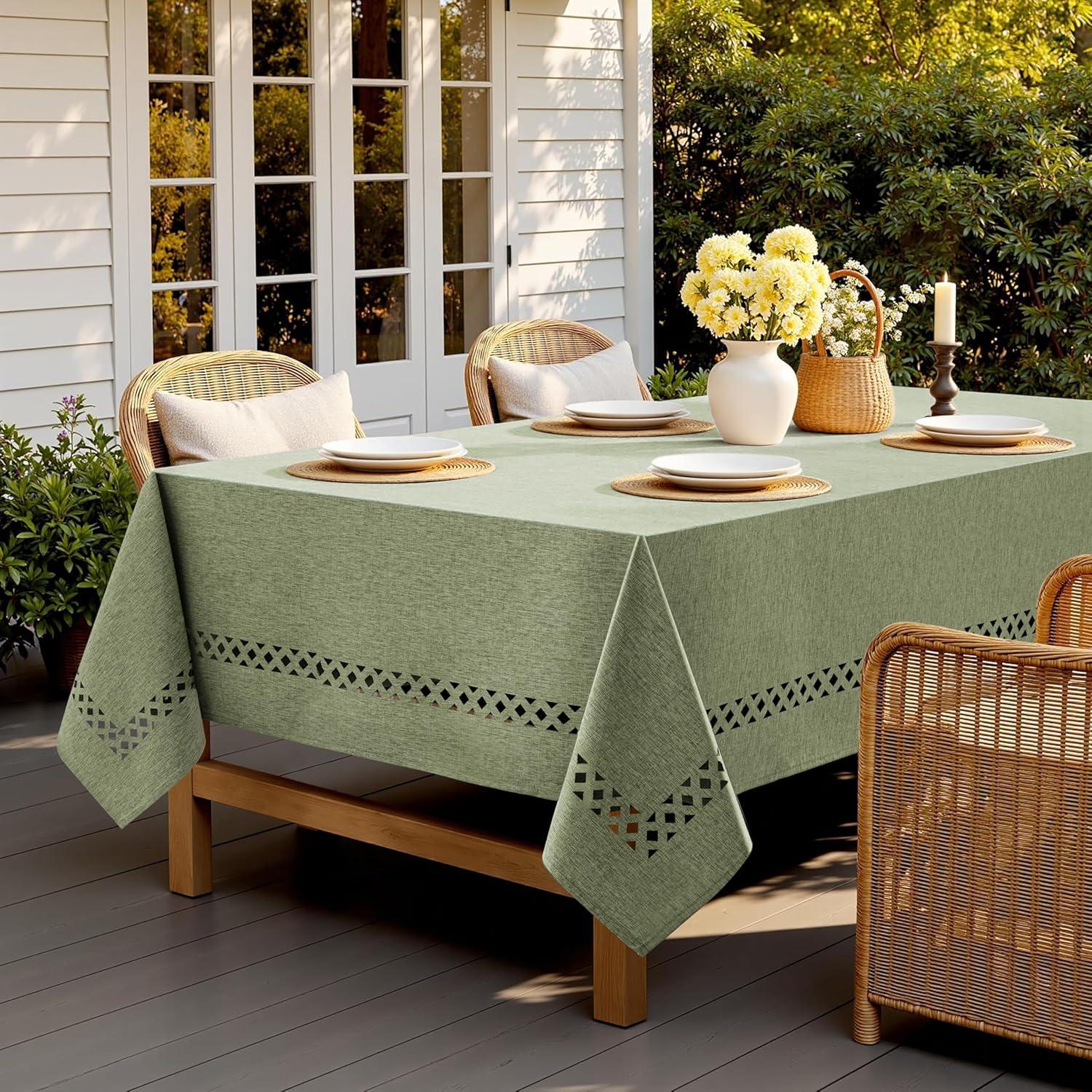 imageMIULEE Beige Rectangle Linen Polyester Tablecloth with Decorative Cutouts Waterproof Stain Resistant ampamp ShrinkProof Table Cloth 60x84 inch Farmhouse Style for Dining Wedding Party and Outdoor PicnicsSage Green