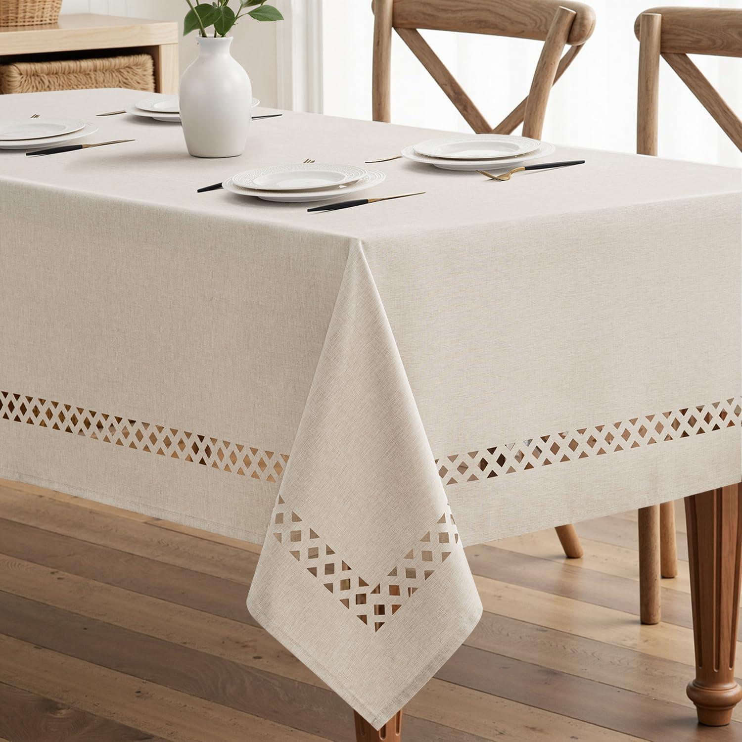 imageMIULEE Beige Rectangle Linen Polyester Tablecloth with Decorative Cutouts Waterproof Stain Resistant ampamp ShrinkProof Table Cloth 60x84 inch Farmhouse Style for Dining Wedding Party and Outdoor PicnicsBeige