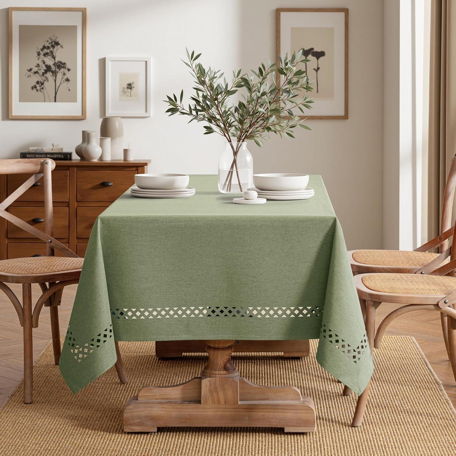 imageMIULEE Beige Rectangle Linen Polyester Tablecloth with Decorative Cutouts Waterproof Stain Resistant ampamp ShrinkProof Table Cloth 60x84 inch Farmhouse Style for Dining Wedding Party and Outdoor PicnicsSage Green