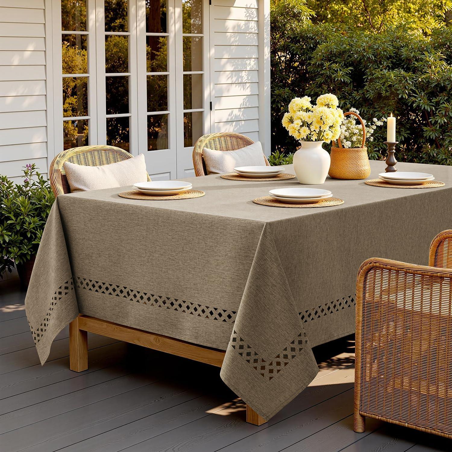 imageMIULEE Beige Rectangle Linen Polyester Tablecloth with Decorative Cutouts Waterproof Stain Resistant ampamp ShrinkProof Table Cloth 60x84 inch Farmhouse Style for Dining Wedding Party and Outdoor PicnicsKhaki