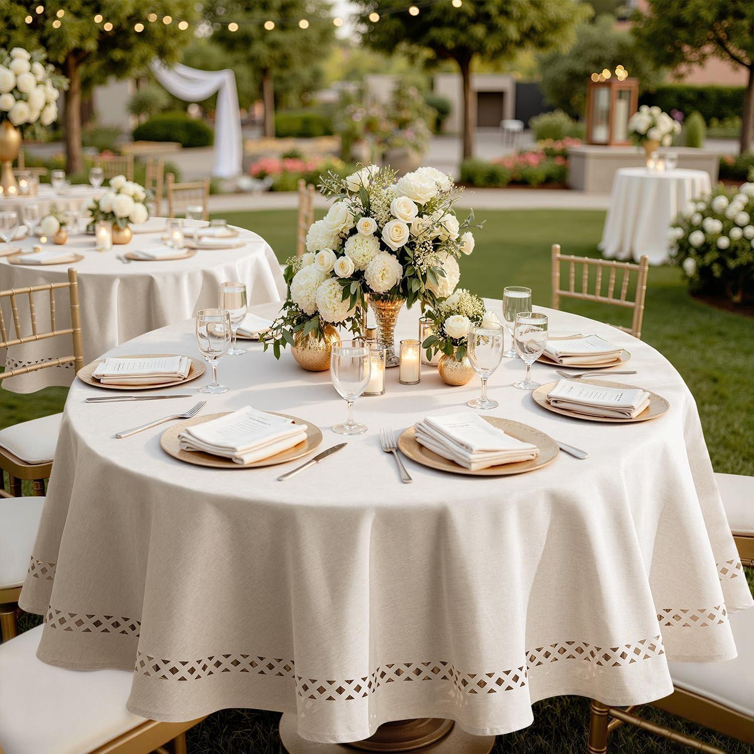 imageMIULEE Beige Rectangle Linen Polyester Tablecloth with Decorative Cutouts Waterproof Stain Resistant ampamp ShrinkProof Table Cloth 60x84 inch Farmhouse Style for Dining Wedding Party and Outdoor PicnicsBeige