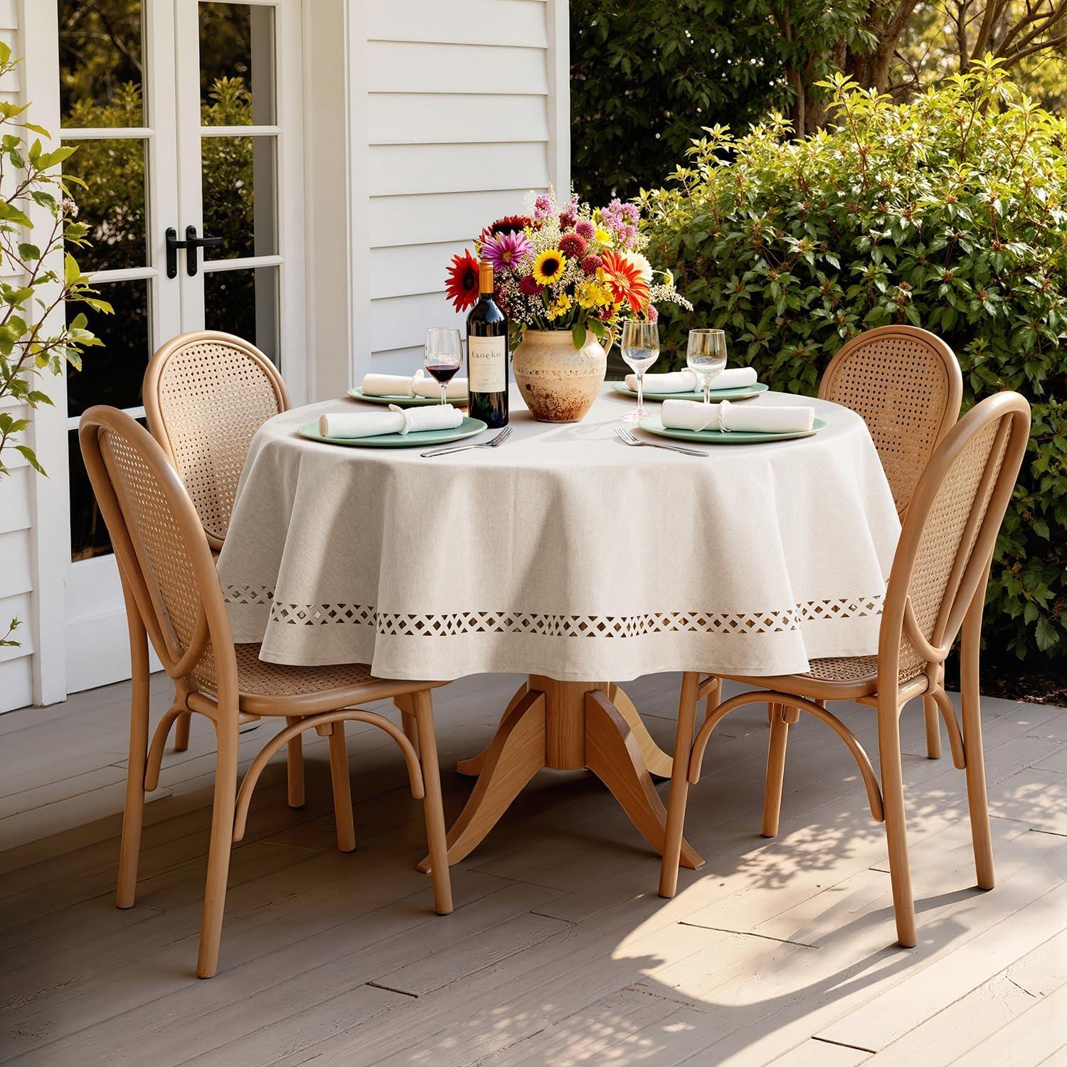 imageMIULEE Beige Rectangle Linen Polyester Tablecloth with Decorative Cutouts Waterproof Stain Resistant ampamp ShrinkProof Table Cloth 60x84 inch Farmhouse Style for Dining Wedding Party and Outdoor PicnicsBeige
