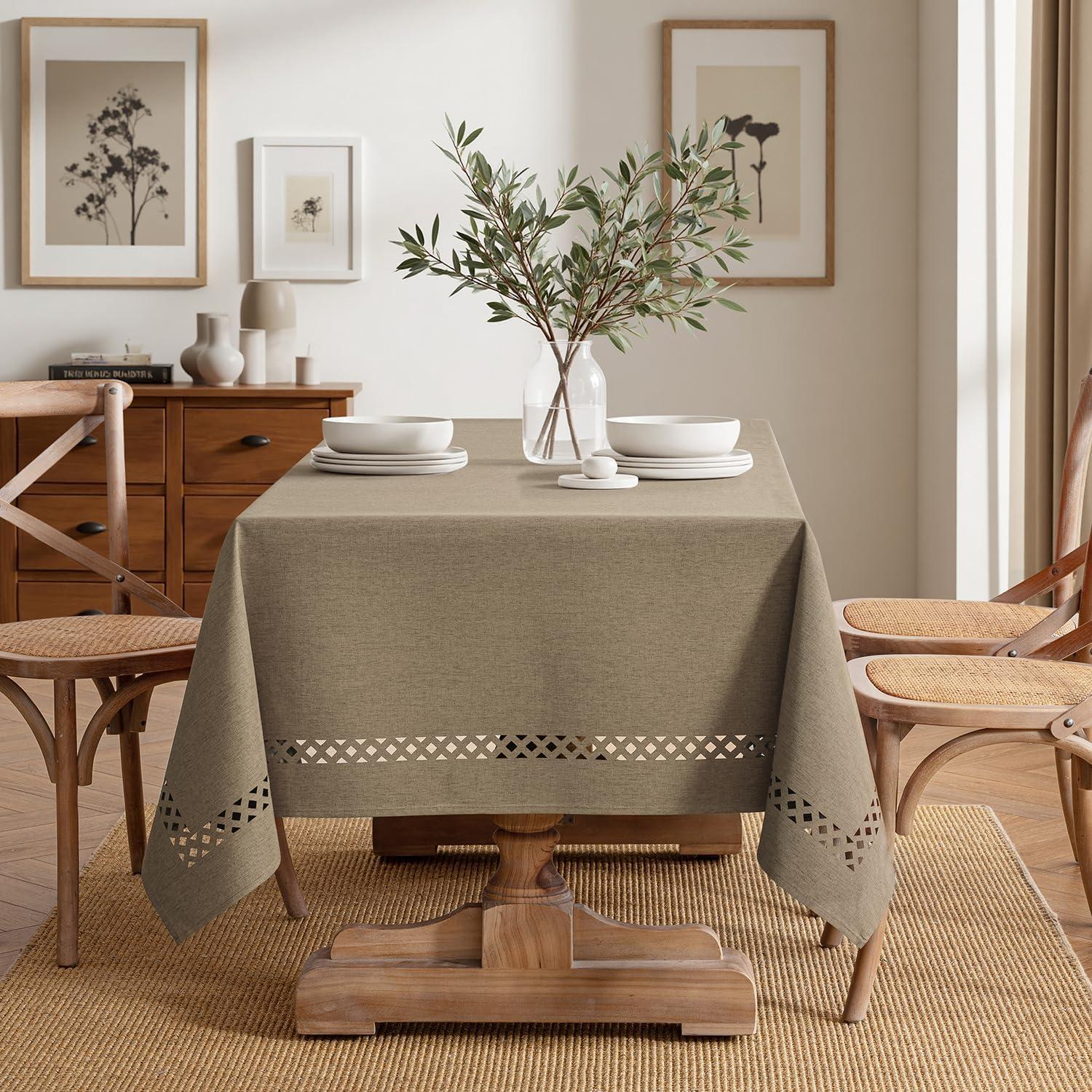 imageMIULEE Beige Rectangle Linen Polyester Tablecloth with Decorative Cutouts Waterproof Stain Resistant ampamp ShrinkProof Table Cloth 60x84 inch Farmhouse Style for Dining Wedding Party and Outdoor PicnicsKhaki