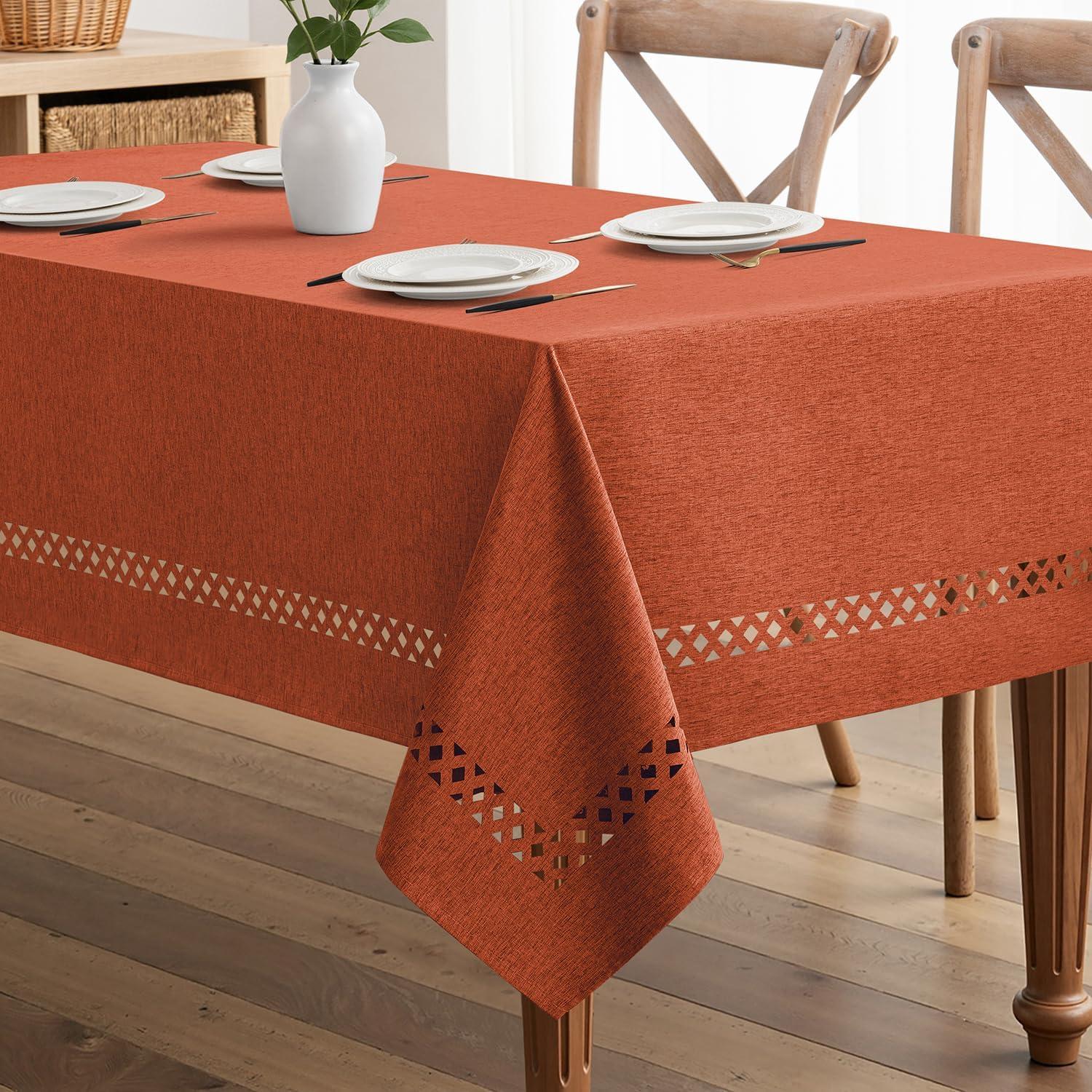 imageMIULEE Beige Rectangle Linen Polyester Tablecloth with Decorative Cutouts Waterproof Stain Resistant ampamp ShrinkProof Table Cloth 60x84 inch Farmhouse Style for Dining Wedding Party and Outdoor PicnicsBurnt Orange