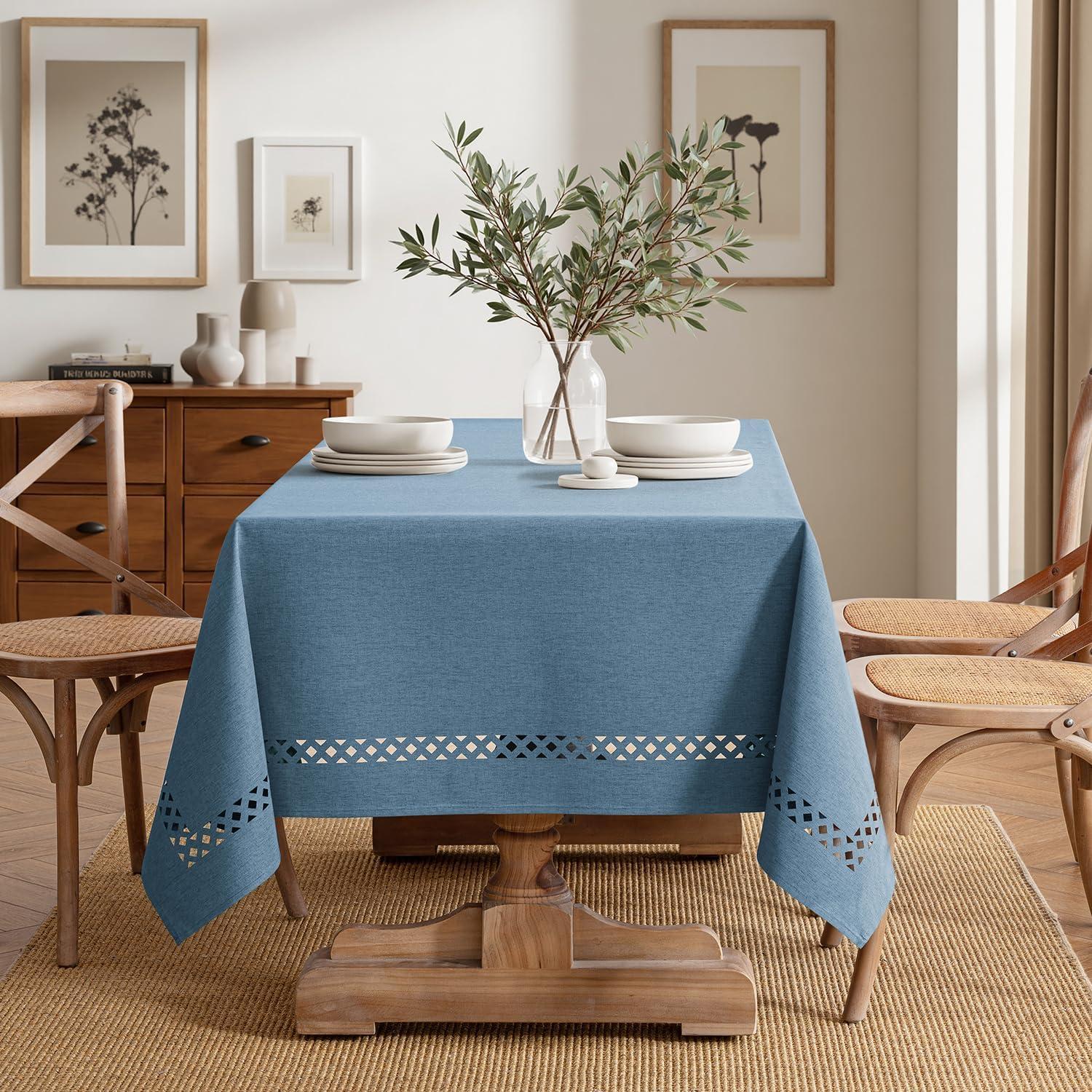 imageMIULEE Beige Rectangle Linen Polyester Tablecloth with Decorative Cutouts Waterproof Stain Resistant ampamp ShrinkProof Table Cloth 60x84 inch Farmhouse Style for Dining Wedding Party and Outdoor PicnicsDusty Blue