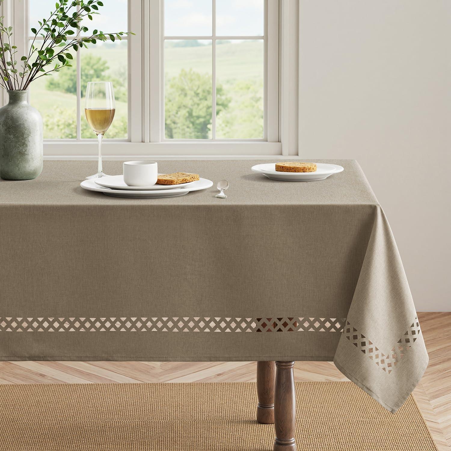 imageMIULEE Beige Rectangle Linen Polyester Tablecloth with Decorative Cutouts Waterproof Stain Resistant ampamp ShrinkProof Table Cloth 60x84 inch Farmhouse Style for Dining Wedding Party and Outdoor PicnicsKhaki