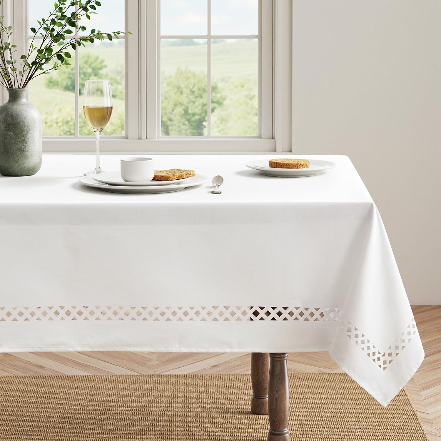 imageMIULEE Beige Rectangle Linen Polyester Tablecloth with Decorative Cutouts Waterproof Stain Resistant ampamp ShrinkProof Table Cloth 60x84 inch Farmhouse Style for Dining Wedding Party and Outdoor PicnicsWhite