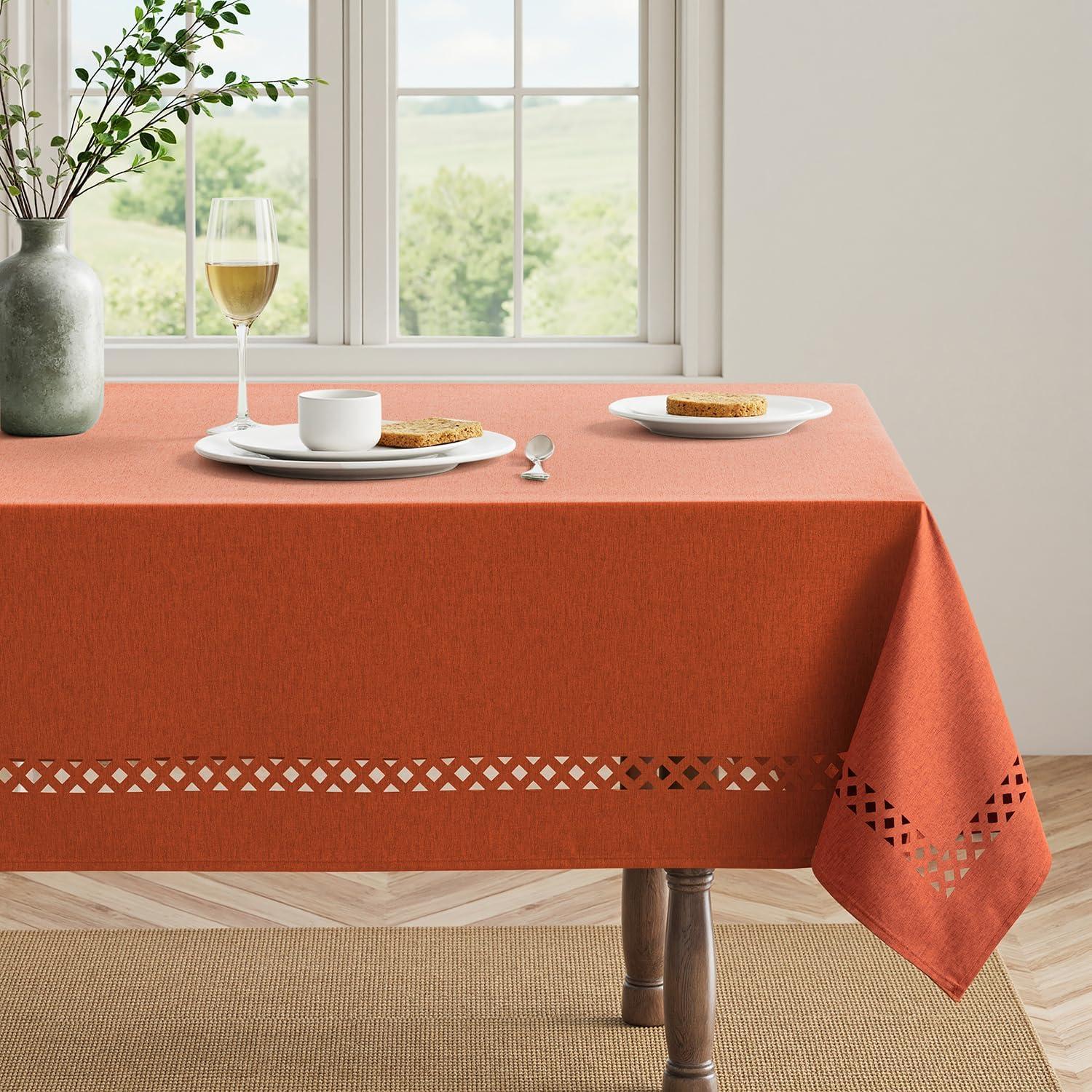 imageMIULEE Beige Rectangle Linen Polyester Tablecloth with Decorative Cutouts Waterproof Stain Resistant ampamp ShrinkProof Table Cloth 60x84 inch Farmhouse Style for Dining Wedding Party and Outdoor PicnicsBurnt Orange