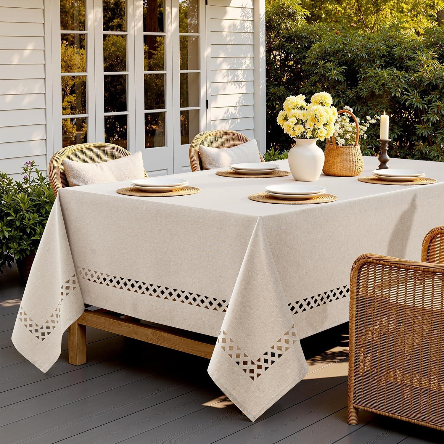 imageMIULEE Beige Rectangle Linen Polyester Tablecloth with Decorative Cutouts Waterproof Stain Resistant ampamp ShrinkProof Table Cloth 60x84 inch Farmhouse Style for Dining Wedding Party and Outdoor PicnicsBeige