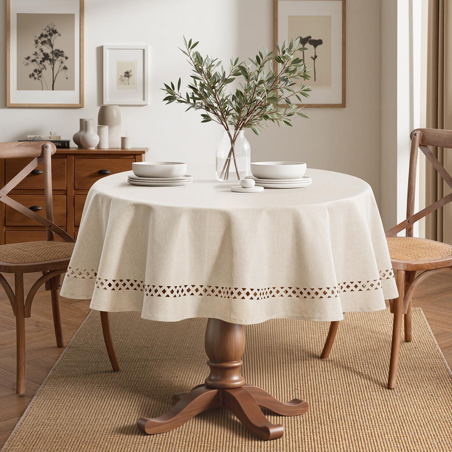 imageMIULEE Beige Rectangle Linen Polyester Tablecloth with Decorative Cutouts Waterproof Stain Resistant ampamp ShrinkProof Table Cloth 60x84 inch Farmhouse Style for Dining Wedding Party and Outdoor PicnicsBeige