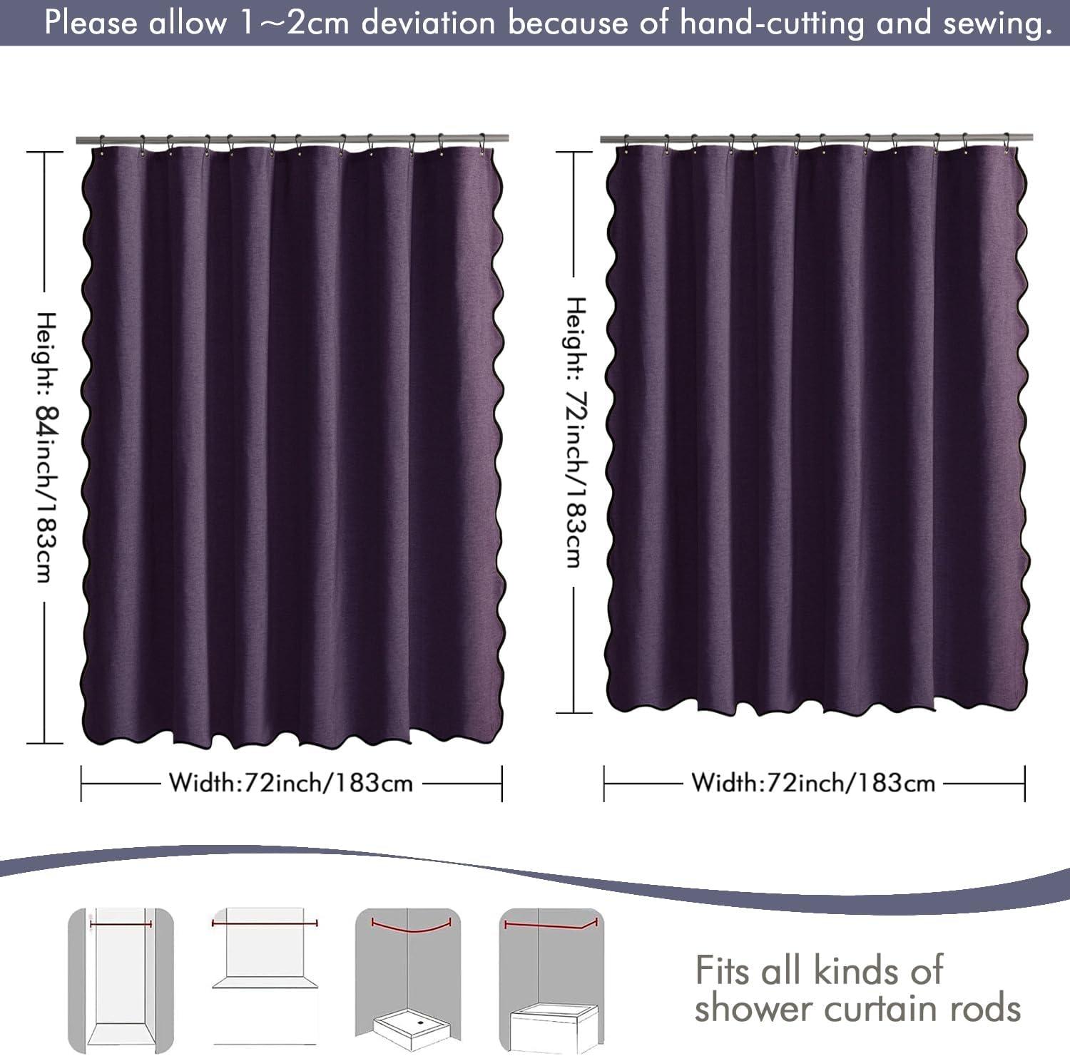 imageMIULEE Beige Scalloped Shower Curtain Linen Textured with 12 Metal Hooks Cute Heavy Duty Washable Waterproof Neutral Thick Cloth Shower Curtains with Black Border for Bathroom BathtubW72L72 CreamPurple