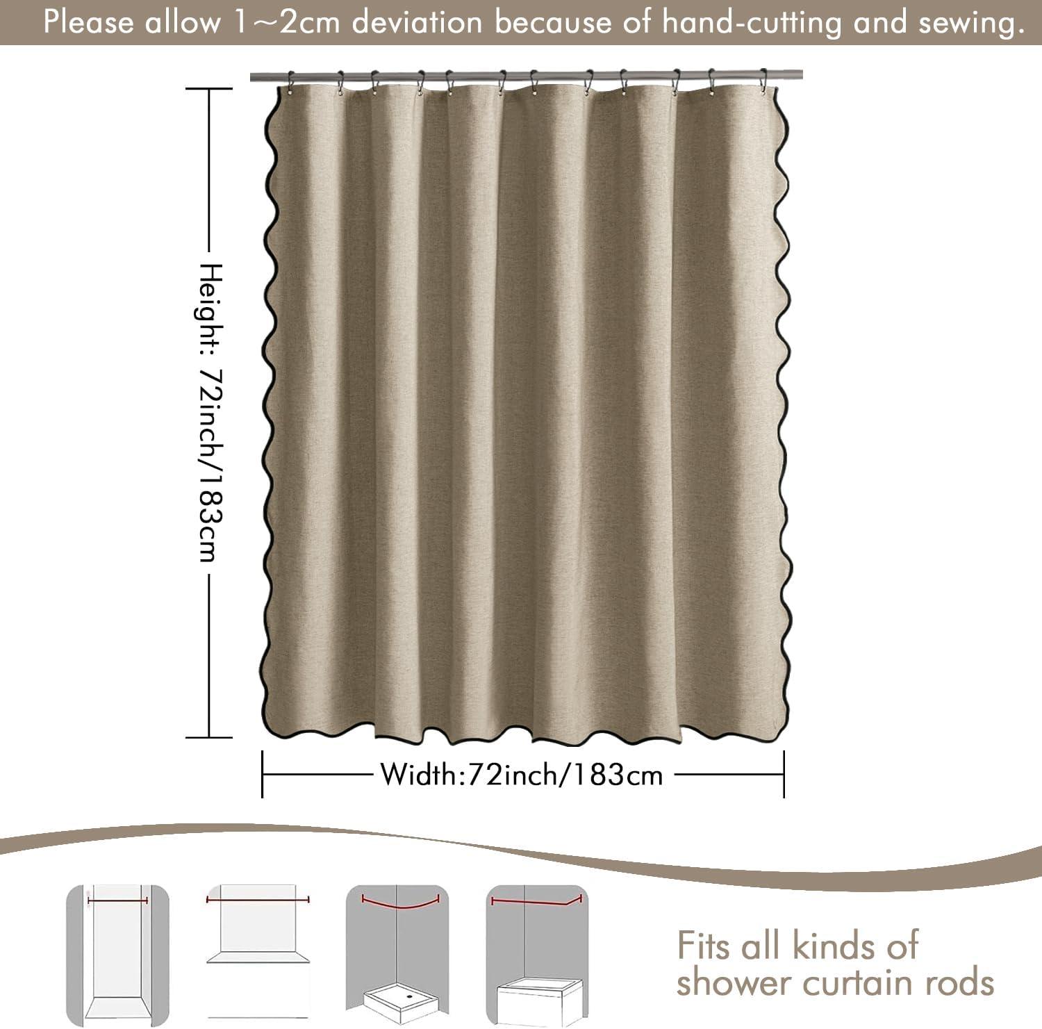 imageMIULEE Beige Scalloped Shower Curtain Linen Textured with 12 Metal Hooks Cute Heavy Duty Washable Waterproof Neutral Thick Cloth Shower Curtains with Black Border for Bathroom BathtubW72L72 CreamKhaki