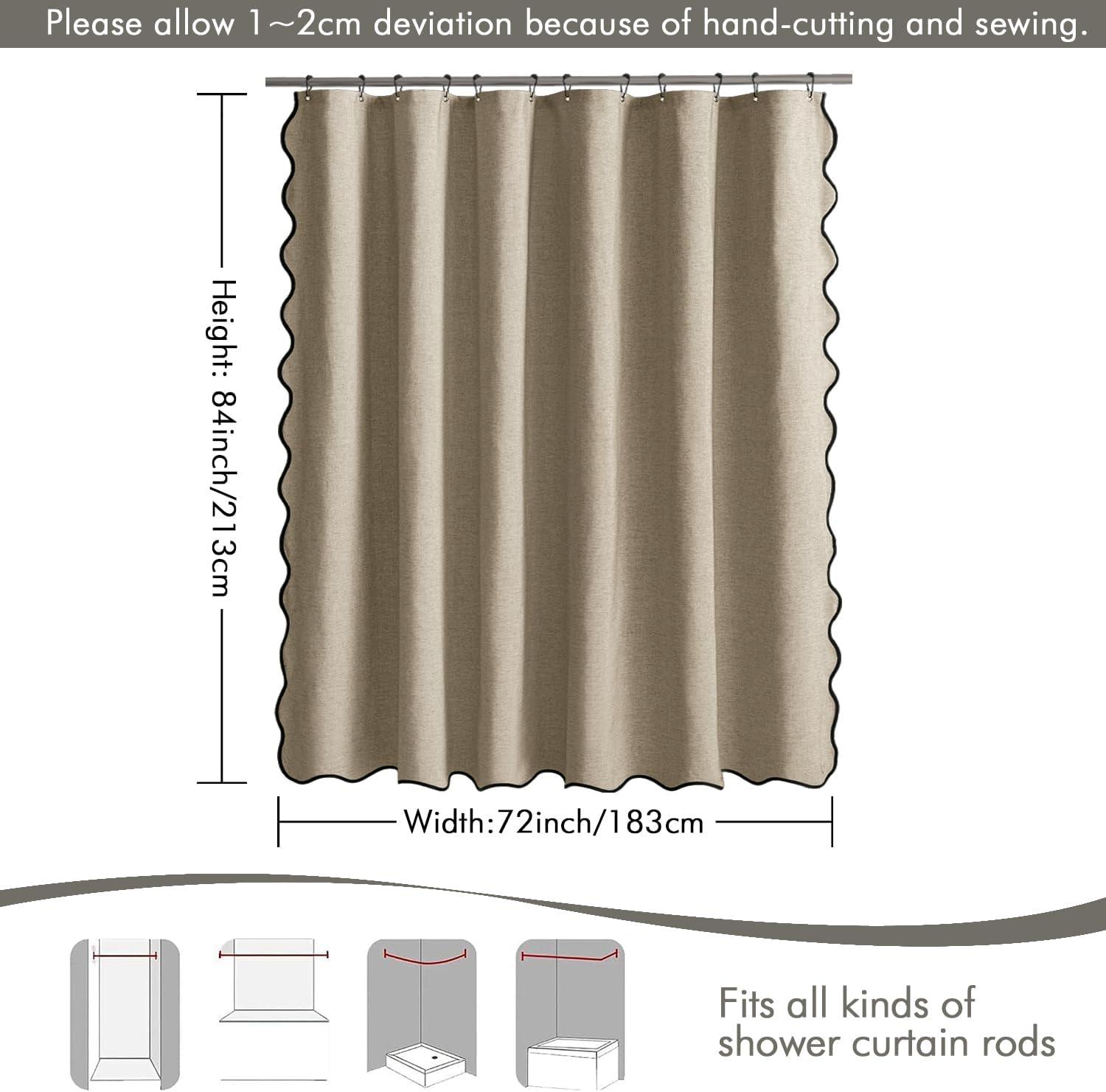 imageMIULEE Beige Scalloped Shower Curtain Linen Textured with 12 Metal Hooks Cute Heavy Duty Washable Waterproof Neutral Thick Cloth Shower Curtains with Black Border for Bathroom BathtubW72L72 CreamKhaki