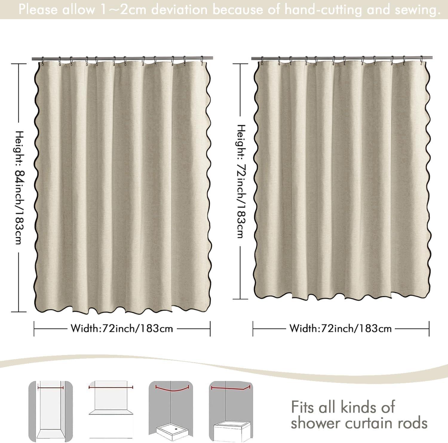 imageMIULEE Beige Scalloped Shower Curtain Linen Textured with 12 Metal Hooks Cute Heavy Duty Washable Waterproof Neutral Thick Cloth Shower Curtains with Black Border for Bathroom BathtubW72L72 CreamNatural