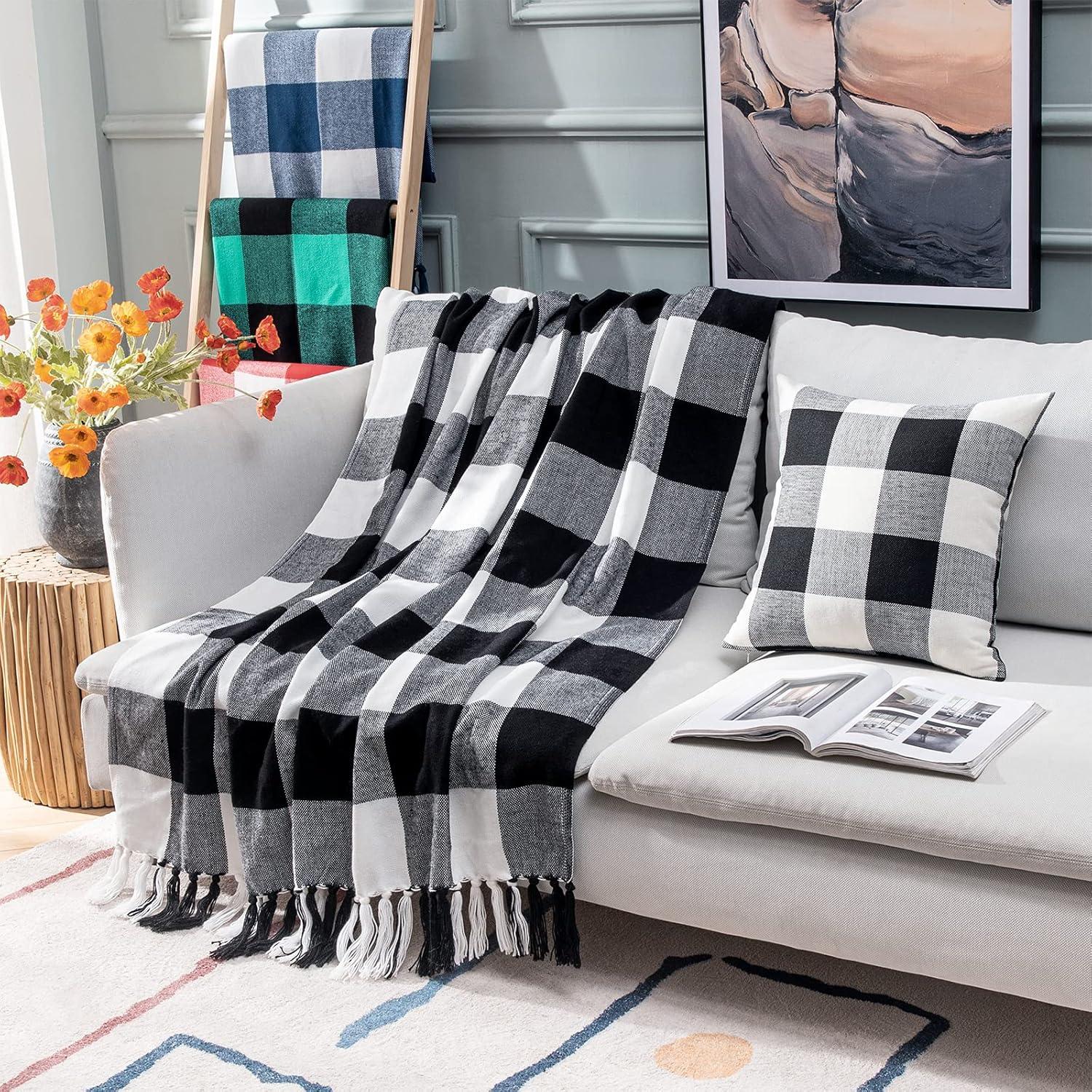 imageMIULEE Black and White Buffalo Plaid Checkered Throw Blanket for Couch Farmhouse Lightweight Tartan Christmas Blankets with Checkerboard Grid Pattern Fringe Decor Sofa Bed 50 x 60 Inch