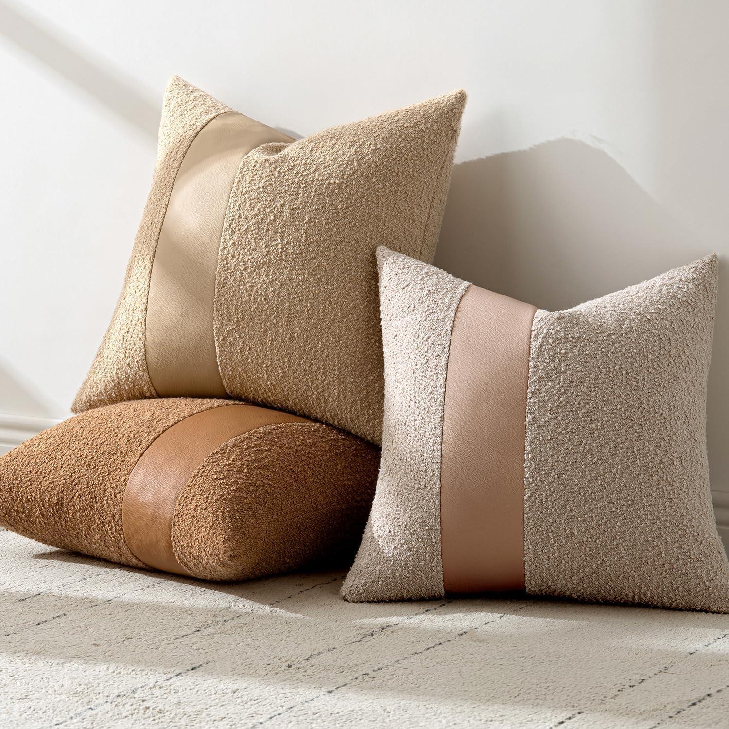 imageMIULEE Boucle Throw Pillow Covers 18x18 Inch Set of 2 Brown Faux Leather Textured Decorative Pillow Cases Boho Farmhouse Accents Cushion Covers for Couch Bed Livingroom Home DecorOatmeal