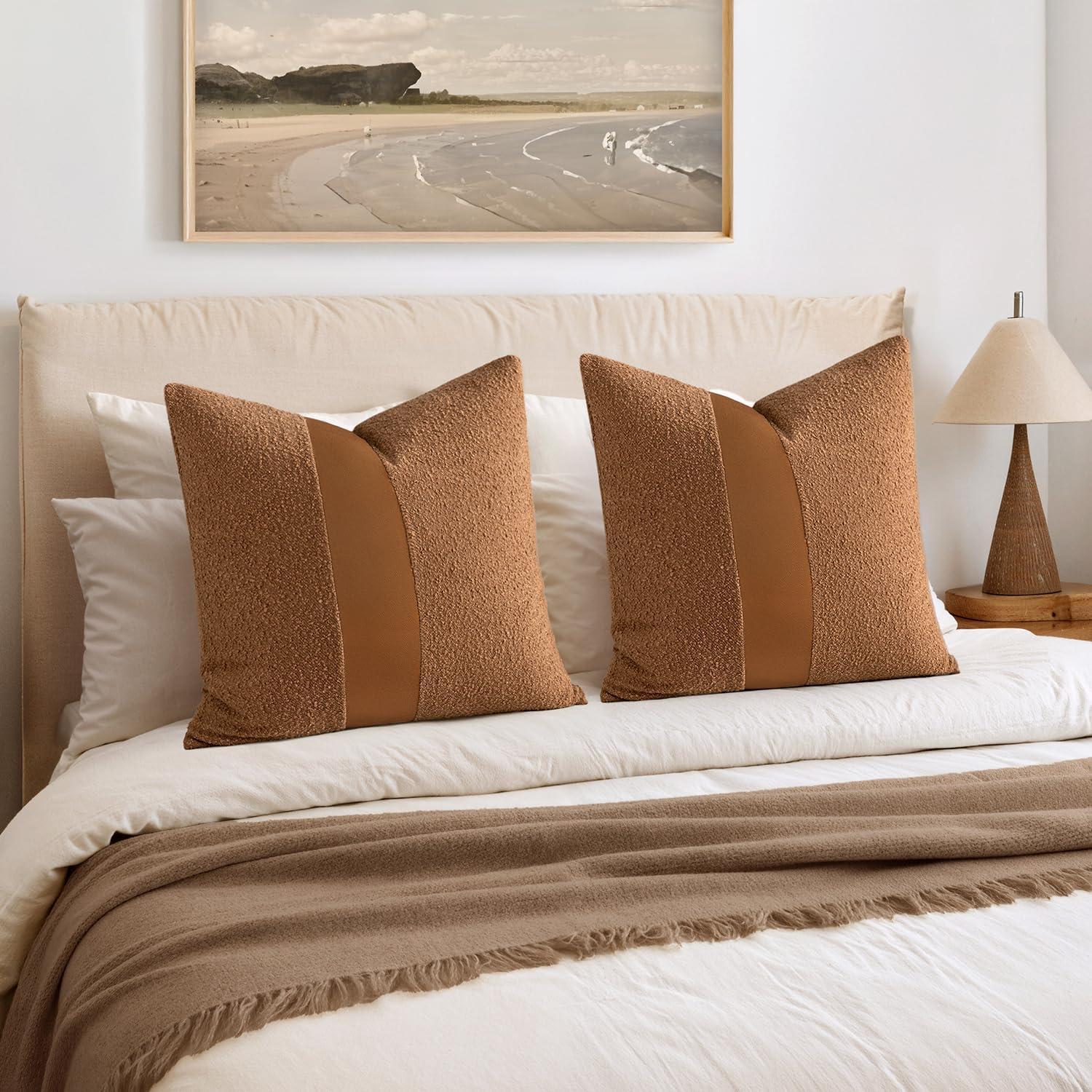 imageMIULEE Boucle Throw Pillow Covers 18x18 Inch Set of 2 Brown Faux Leather Textured Decorative Pillow Cases Boho Farmhouse Accents Cushion Covers for Couch Bed Livingroom Home DecorBrown