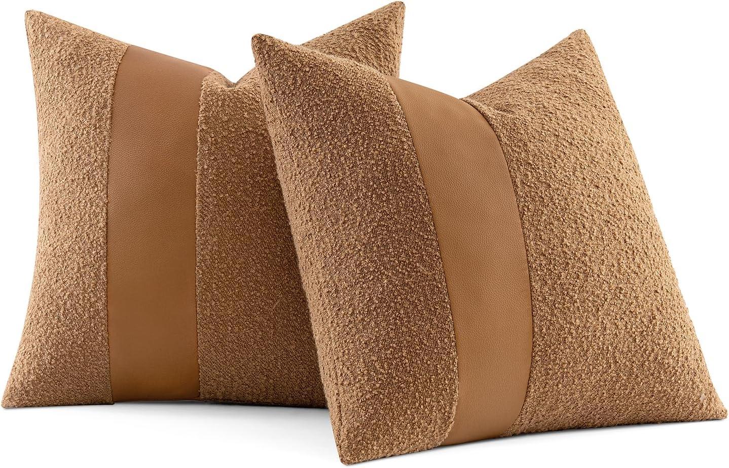 imageMIULEE Boucle Throw Pillow Covers 18x18 Inch Set of 2 Brown Faux Leather Textured Decorative Pillow Cases Boho Farmhouse Accents Cushion Covers for Couch Bed Livingroom Home DecorBrown