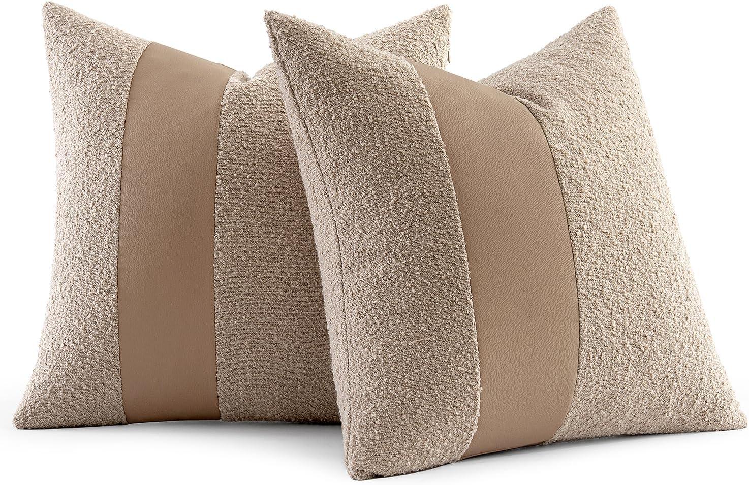 imageMIULEE Boucle Throw Pillow Covers 18x18 Inch Set of 2 Brown Faux Leather Textured Decorative Pillow Cases Boho Farmhouse Accents Cushion Covers for Couch Bed Livingroom Home DecorOatmeal