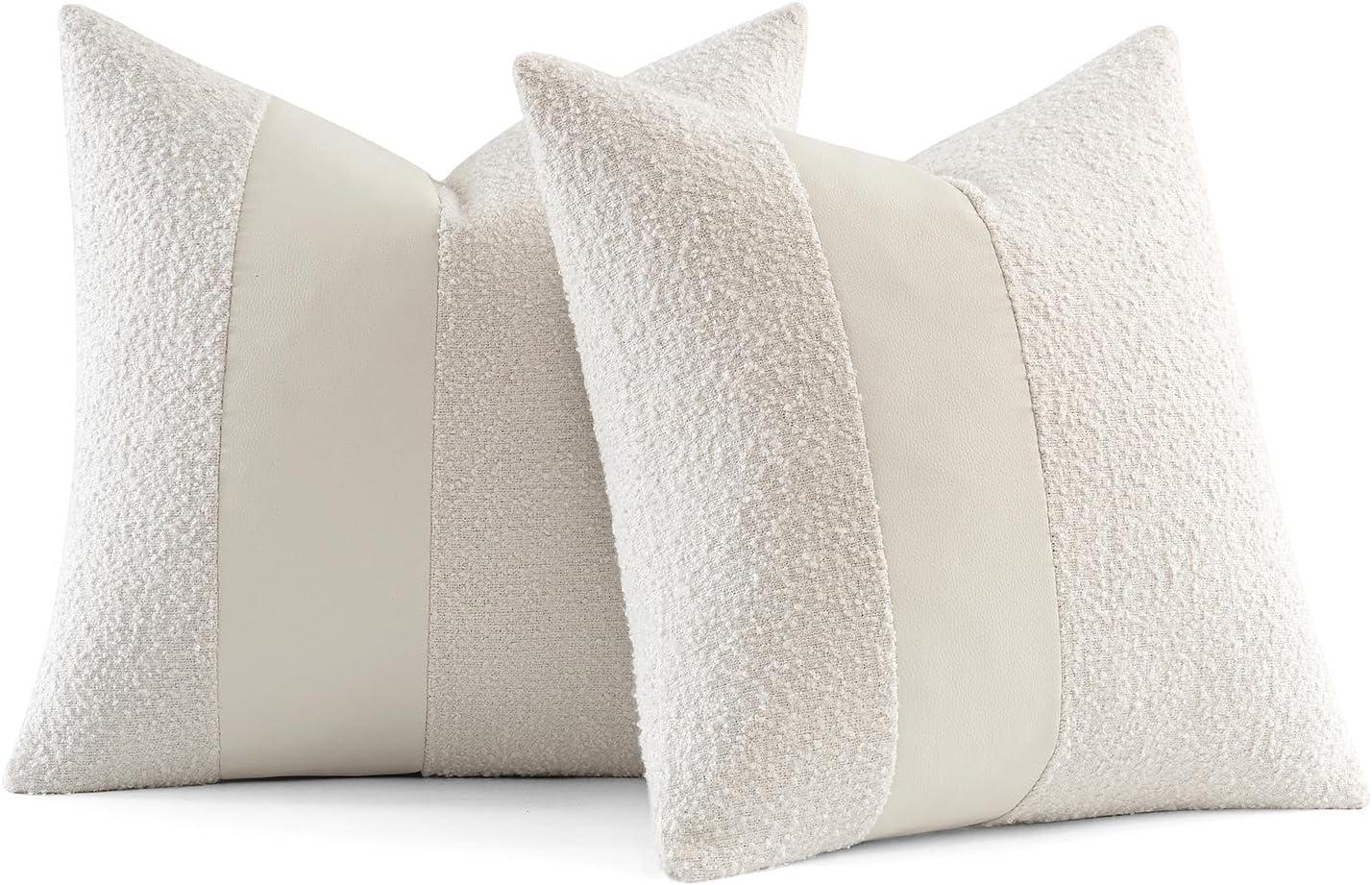 imageMIULEE Boucle Throw Pillow Covers 18x18 Inch Set of 2 Brown Faux Leather Textured Decorative Pillow Cases Boho Farmhouse Accents Cushion Covers for Couch Bed Livingroom Home DecorWhite